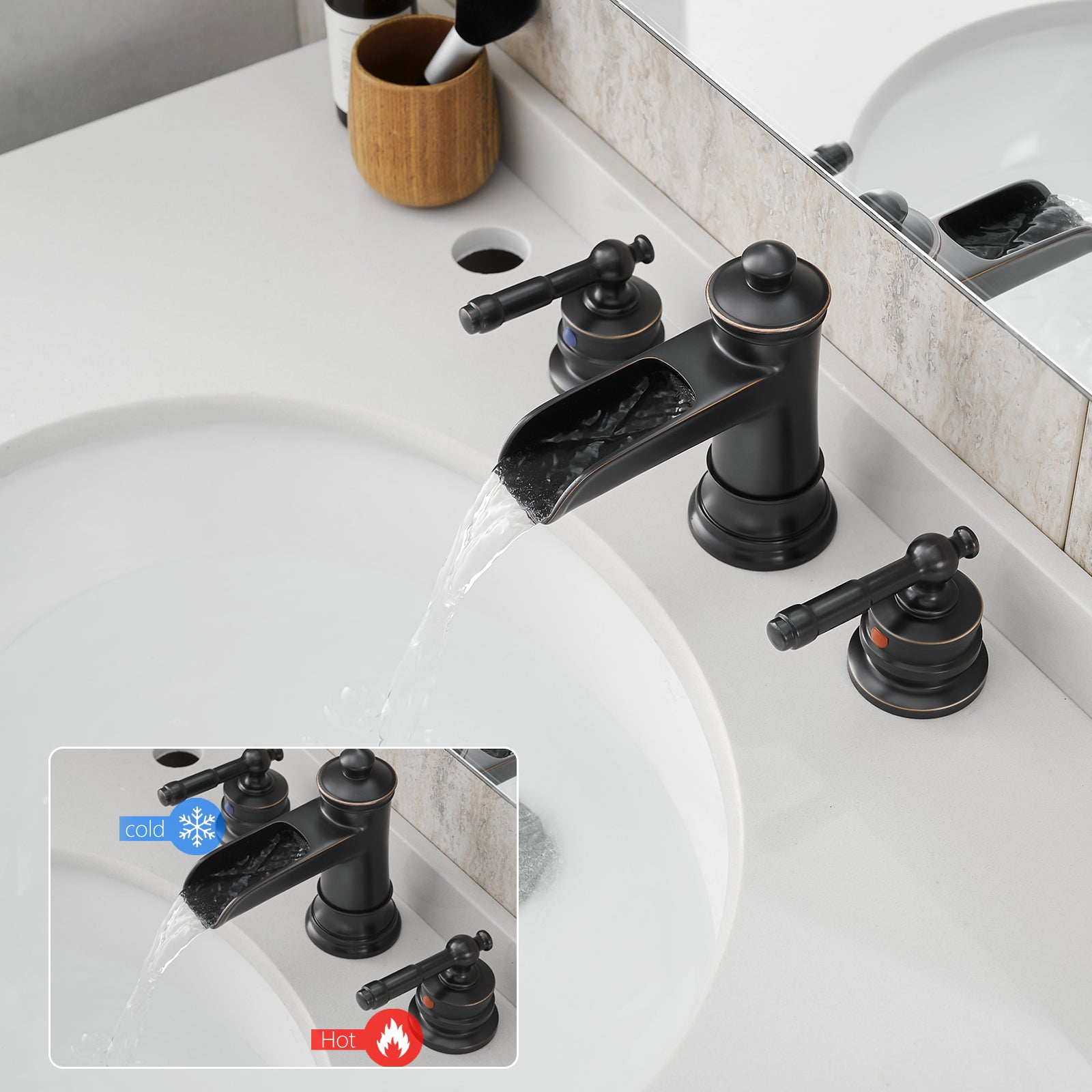 Bathroom Faucets for Sink 3 Hole ORB 8 inch Widespread Bathroom Sink Faucet with Pop Up Drain Double Lever Handle Faucet Bathroom Vanity Faucet Basin Mixer Tap Faucet with Hose