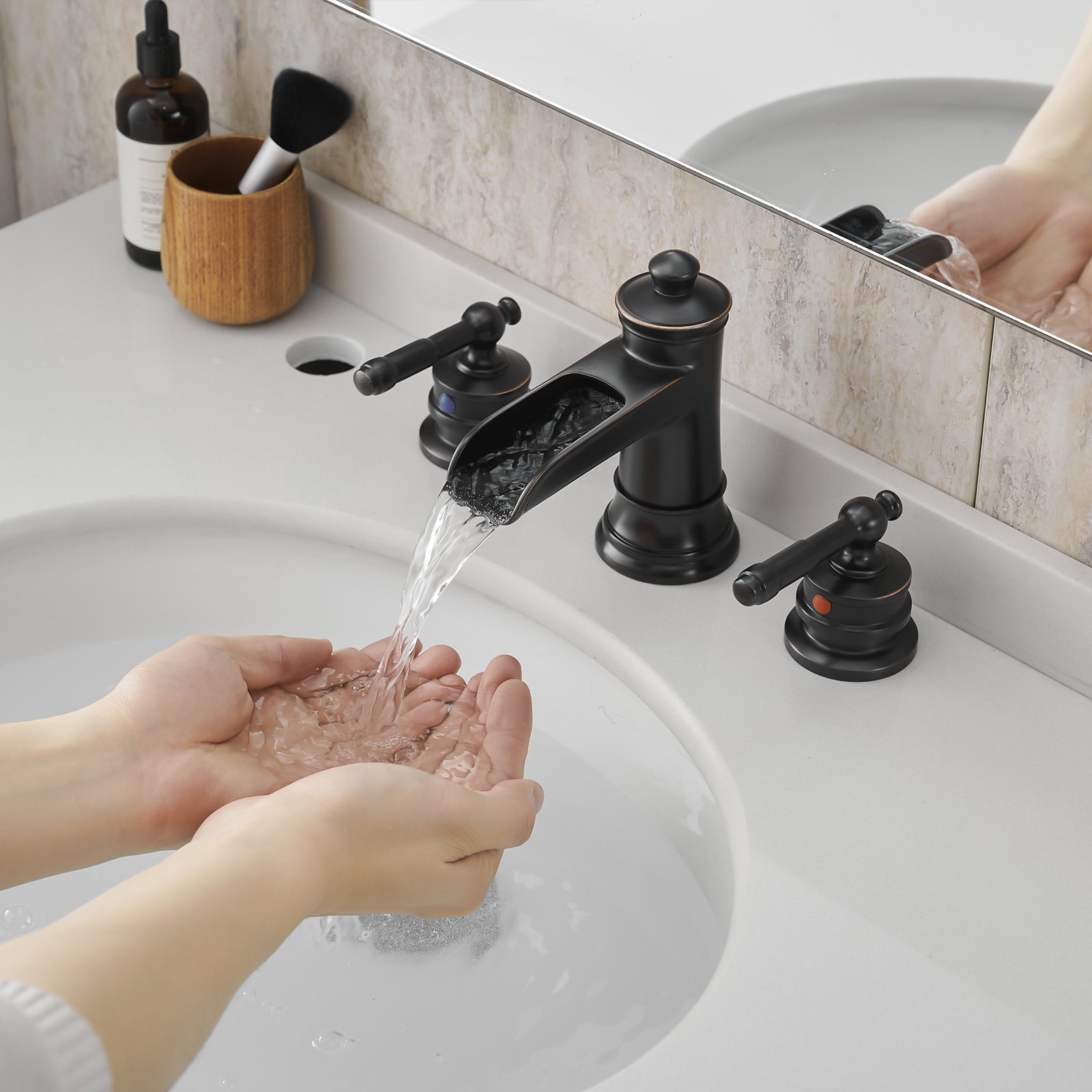 Bathroom Faucets for Sink 3 Hole ORB 8 inch Widespread Bathroom Sink Faucet with Pop Up Drain Double Lever Handle Faucet Bathroom Vanity Faucet Basin Mixer Tap Faucet with Hose