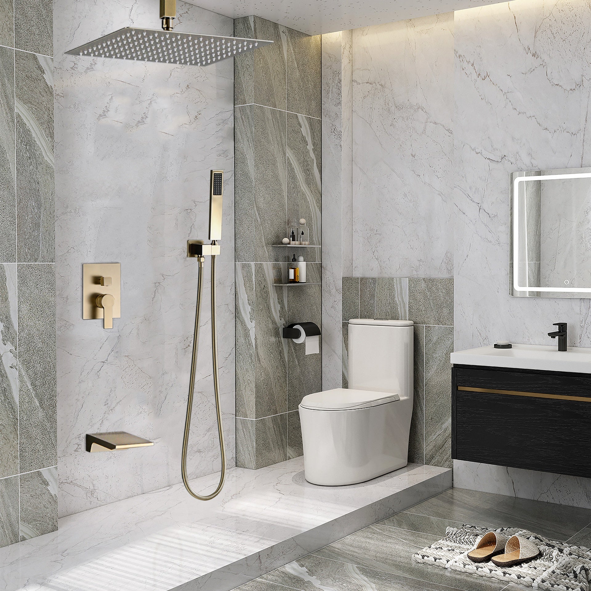 Shower Faucet Set, Shower System Bathroom High Pressure 12 Inches Rainfall Shower Head with Handheld Spray, Wall Mounted Shower Fixtures with Shower Valve and Trim Kit, Brushed Gold