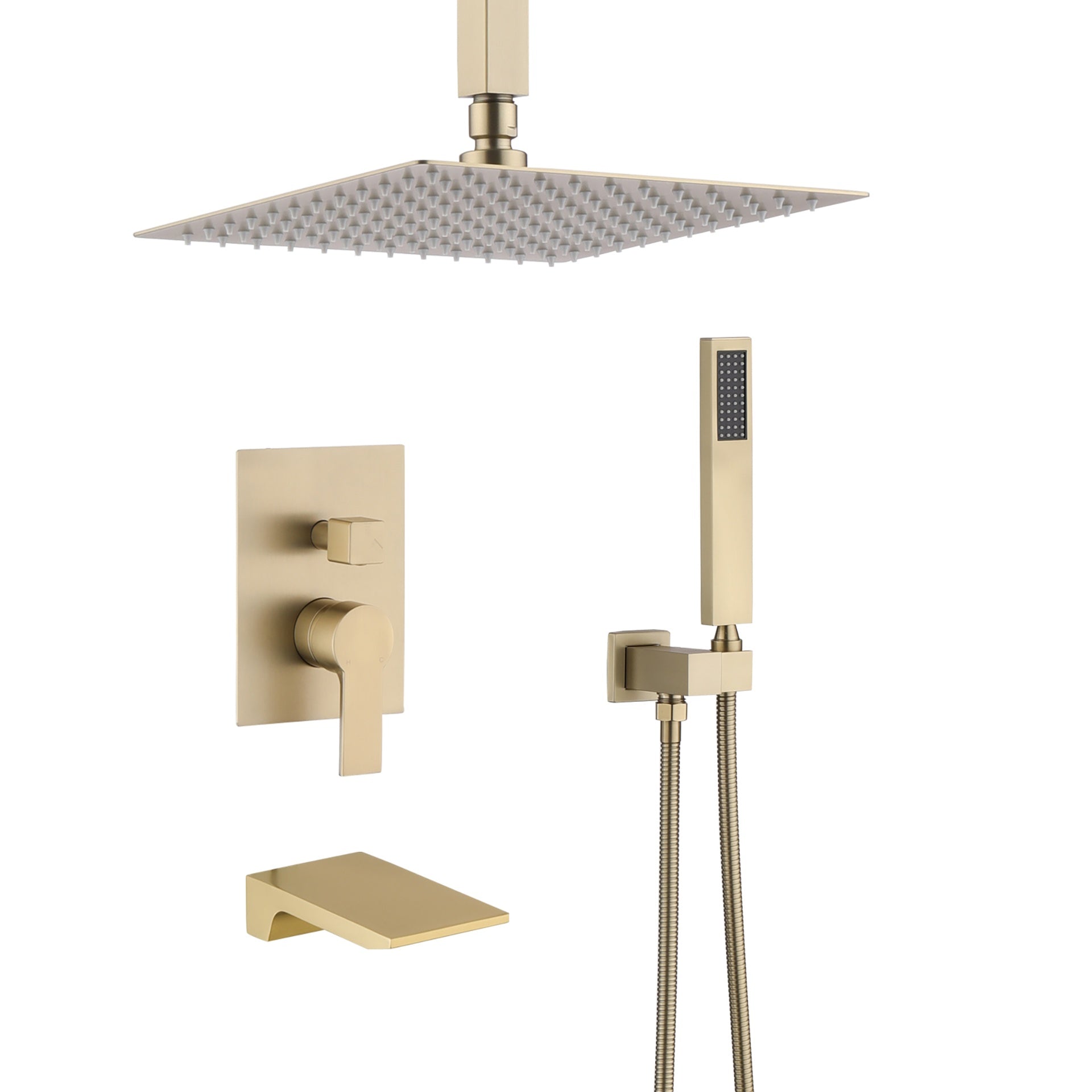 Shower Faucet Set, Shower System Bathroom High Pressure 12 Inches Rainfall Shower Head with Handheld Spray, Wall Mounted Shower Fixtures with Shower Valve and Trim Kit, Brushed Gold