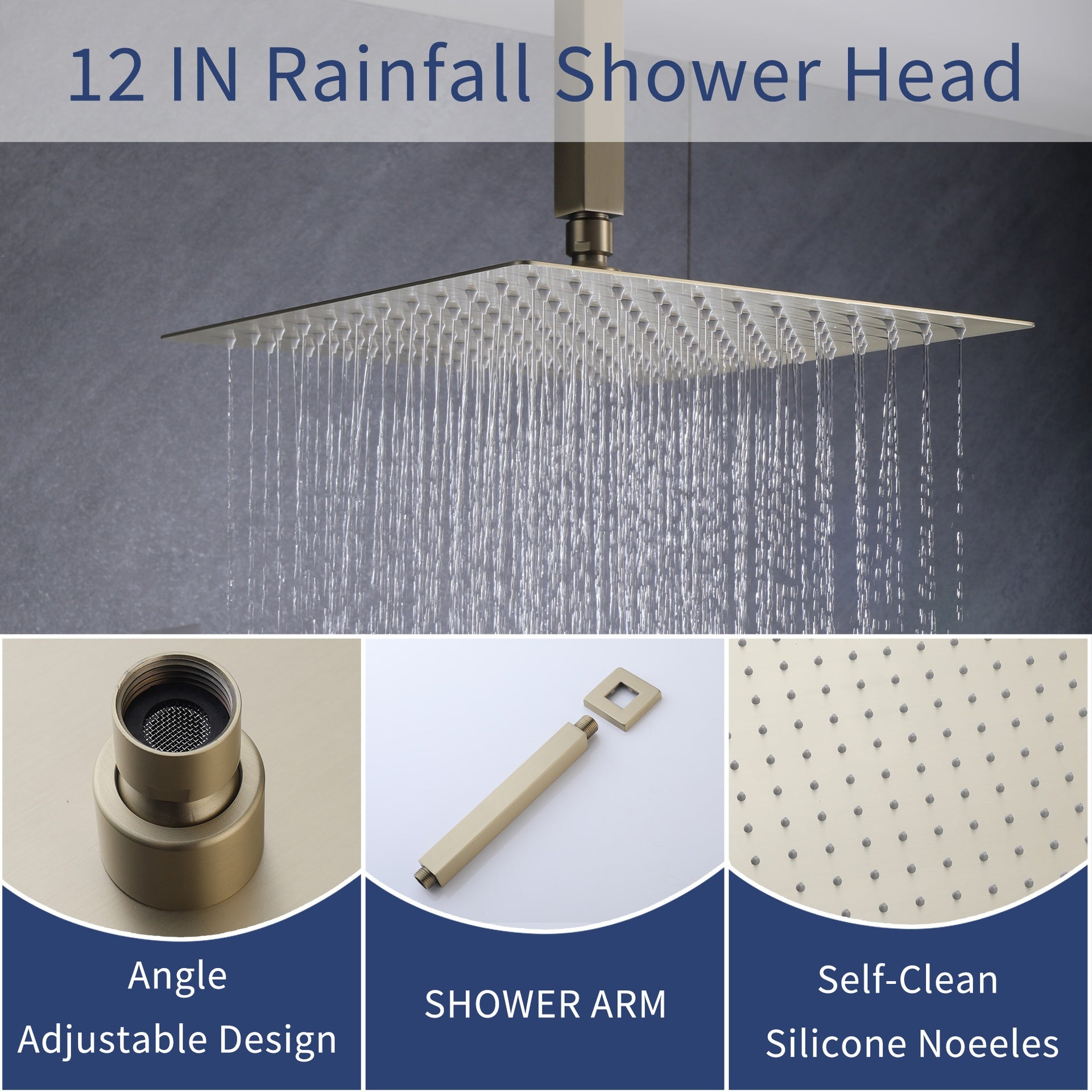 Shower Faucet Set, Shower System Bathroom High Pressure 12 Inches Rainfall Shower Head with Handheld Spray, Wall Mounted Shower Fixtures with Shower Valve and Trim Kit, Brushed Gold