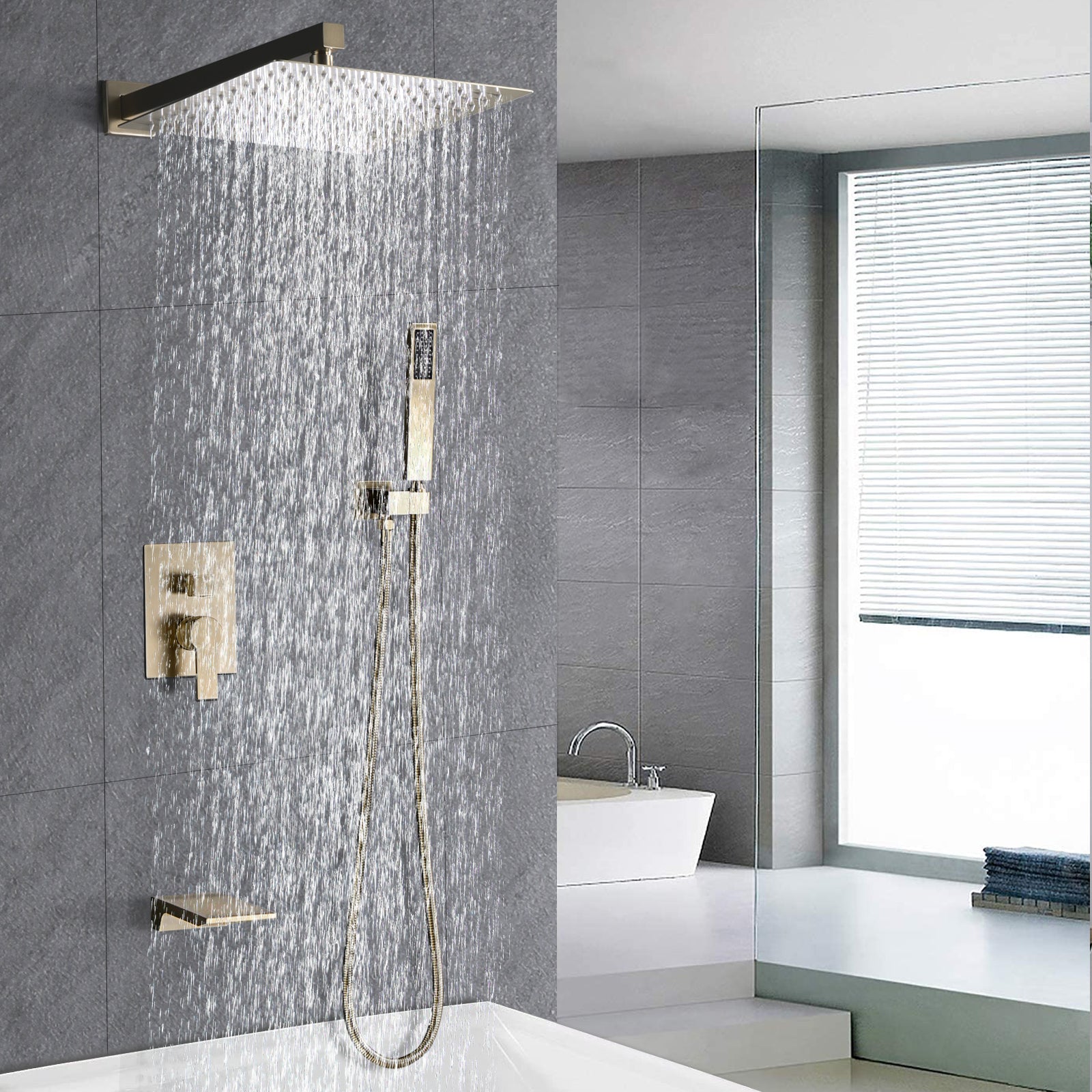 Shower System Bathroom Luxury 12 Inch Rain Shower Head with Handheld Mixer Shower Combo Set Wall Mounted Shower Faucet Trim with Valve Brushed Gold