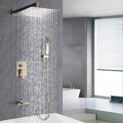 Shower System Bathroom Luxury 12 Inch Rain Shower Head with Handheld Mixer Shower Combo Set Wall Mounted Shower Faucet Trim with Valve Brushed Gold