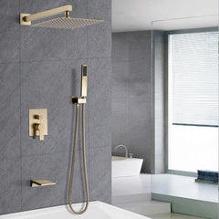 Shower System Bathroom Luxury 12 Inch Rain Shower Head with Handheld Mixer Shower Combo Set Wall Mounted Shower Faucet Trim with Valve Brushed Gold