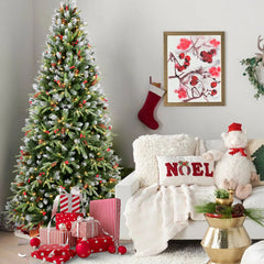 7.5FT Christmas Tree with 500 Warm White LED Lights – 2514 Snow-Tipped PE+PVC Branches, Red Berries & Pine Cones, Hinged Design, Stable Metal Stand – Realistic Holiday Decoration