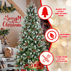 9FT Christmas Tree with 3750 Tips, Red Berries & Pine Cones – Snow-Dusted PE+PVC Branches, Hinged Design for Easy Setup, Sturdy Metal Stand – Full, Natural Holiday Tree Decoration