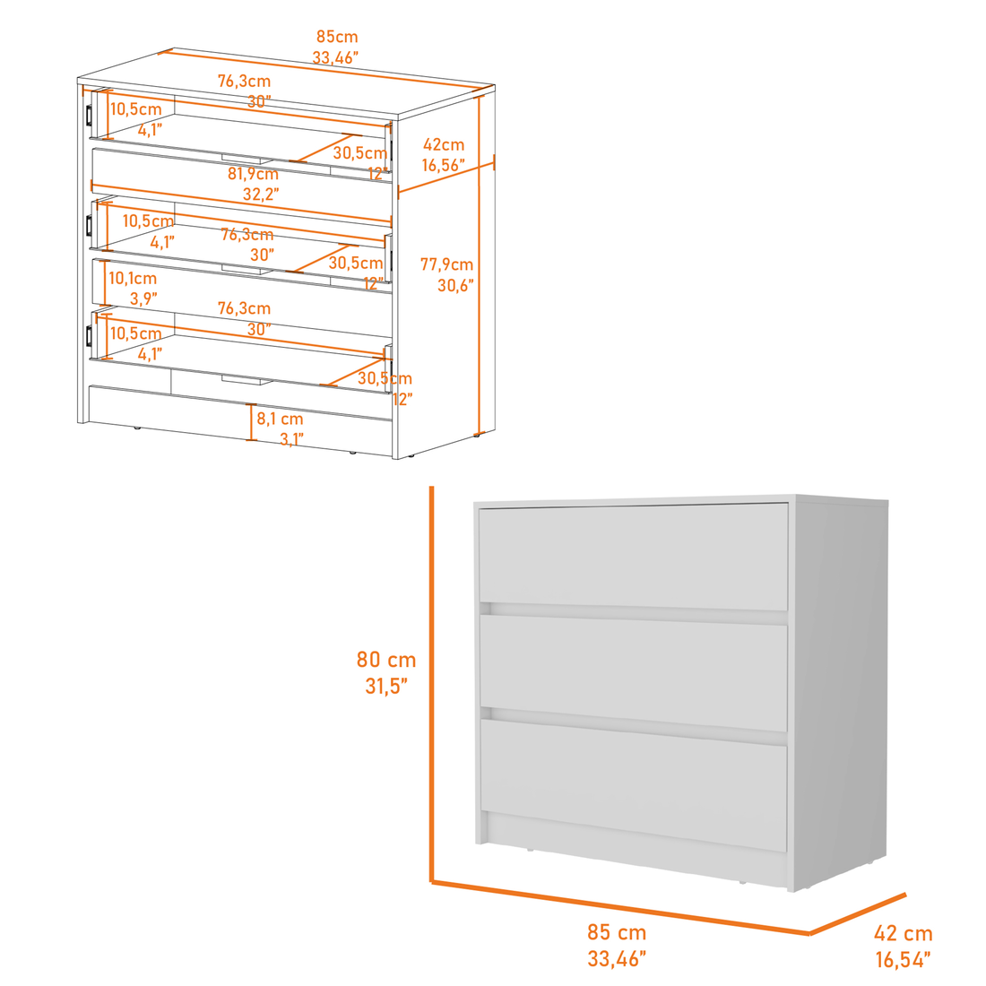 Lewes 2 Piece Bedroom Set, Dresser + Armoire, White