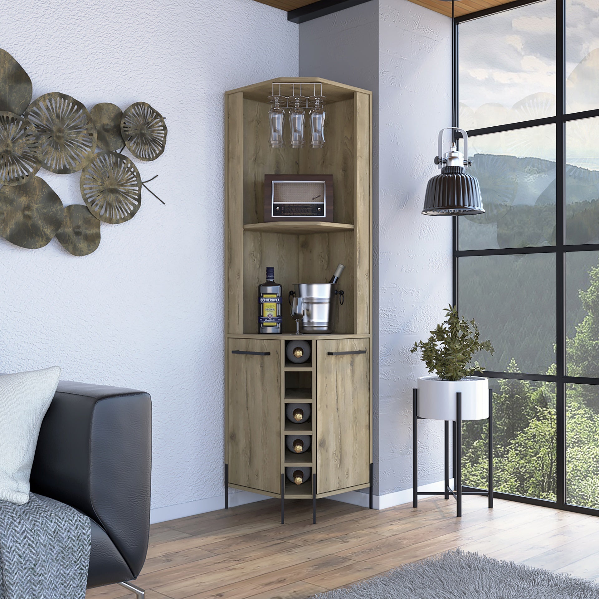 Corner Bar Cabinet Shopron, Living Room, Aged Oak