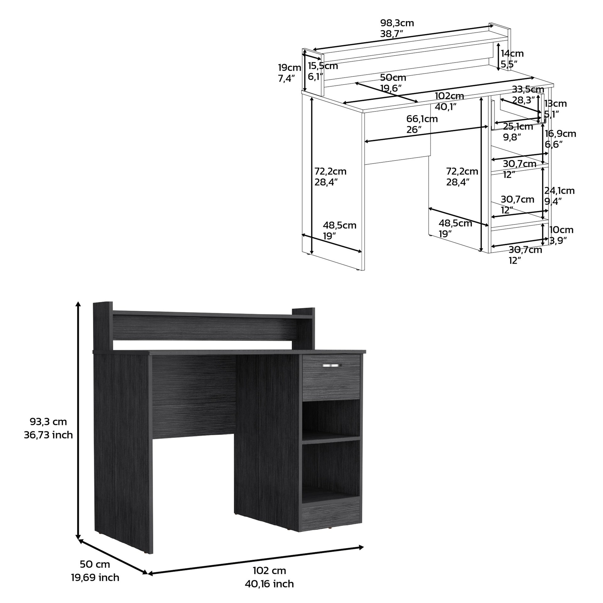Computer Desk Delmar with Open Storage Shelves and Single Drawer, Smokey Oak Finish