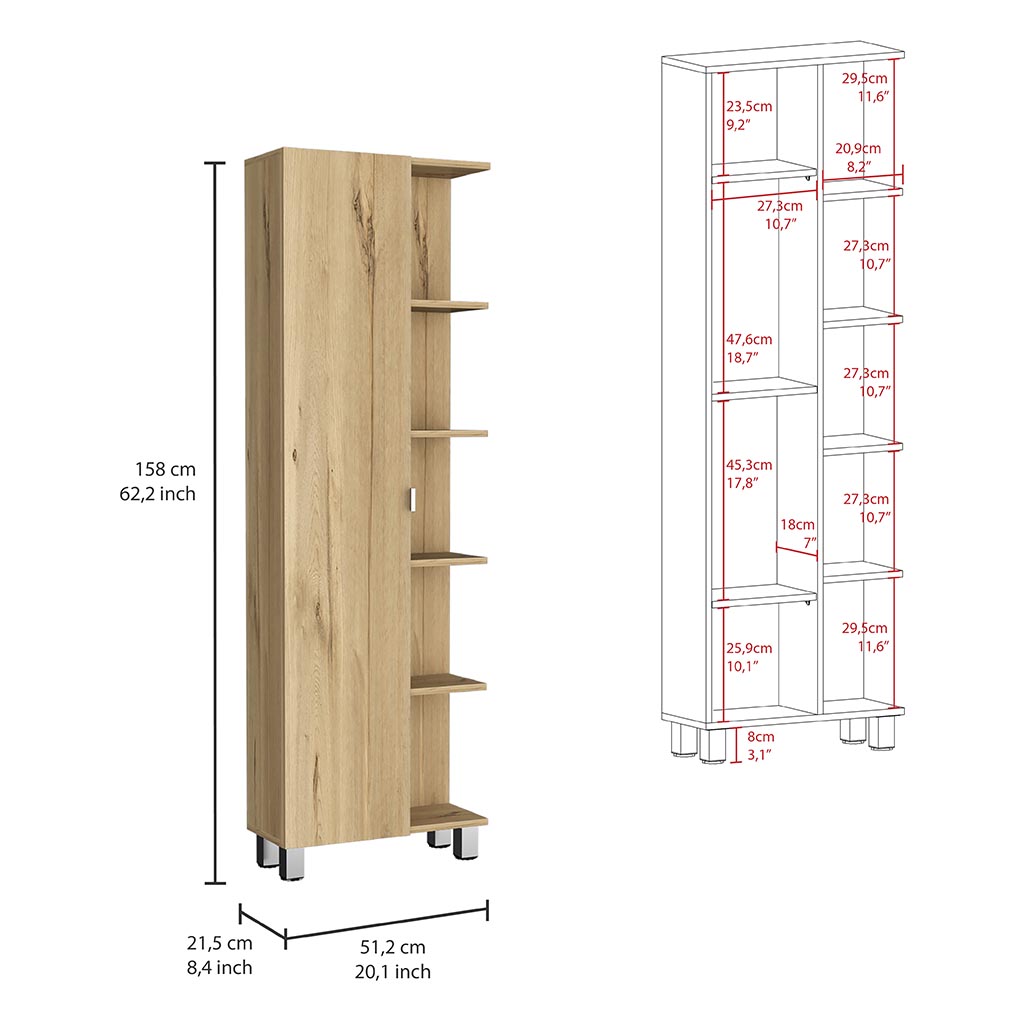 Corner Cabinet Womppi, Five Open Shelves, Single Door, Light Oak Finish