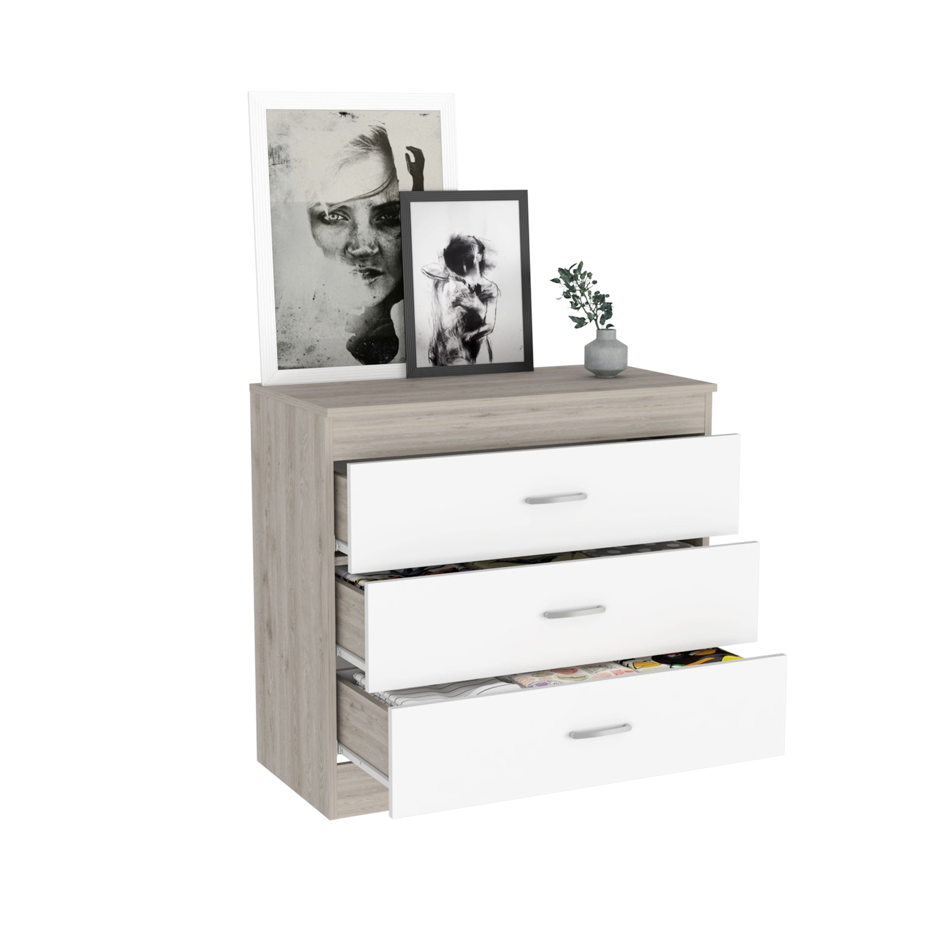 Three Drawer Dresser Lial, Superior Top, Metal Hardware, Light Gray / White Finish