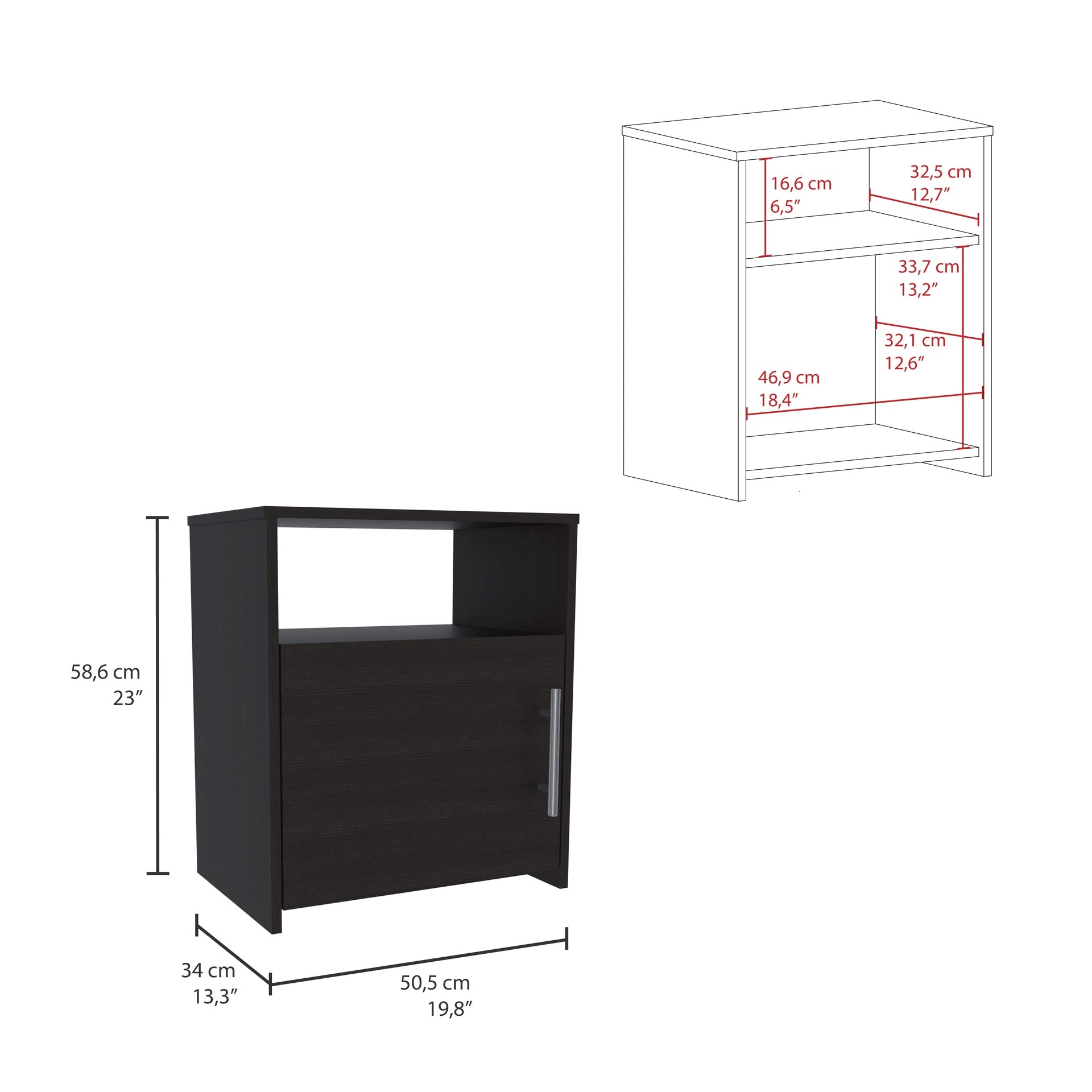 Nightstand Cuarzz, One Cabinet, Black Wengue Finish