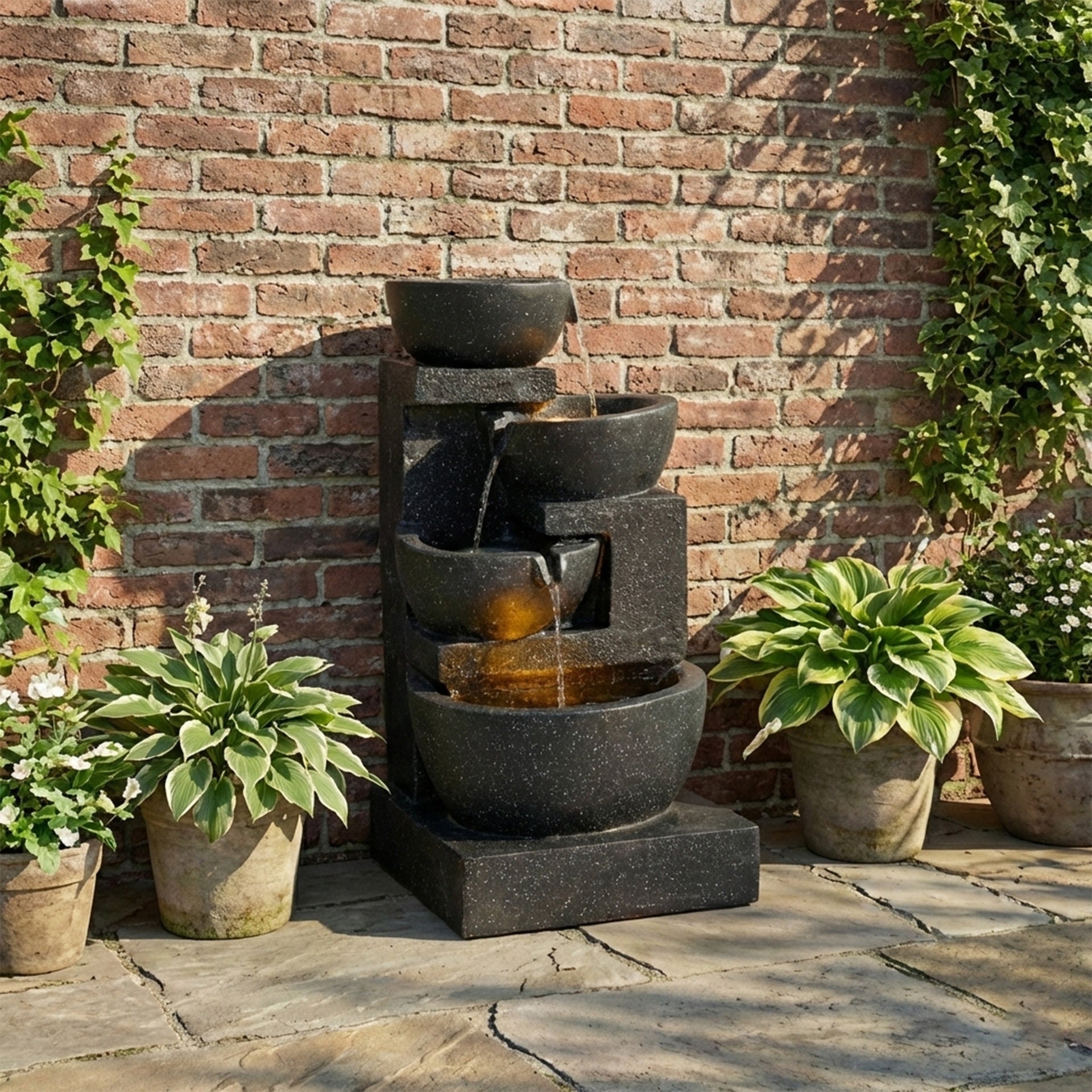 29-Inch Terrazzo Style LED Outdoor Indoor Water Fountain with Cascading Bowls & Stacked Stones – 4-Tier Ideal Waterfalls for Gardens, Patios to Create a Serene Retreat in Outdoor Living Areas