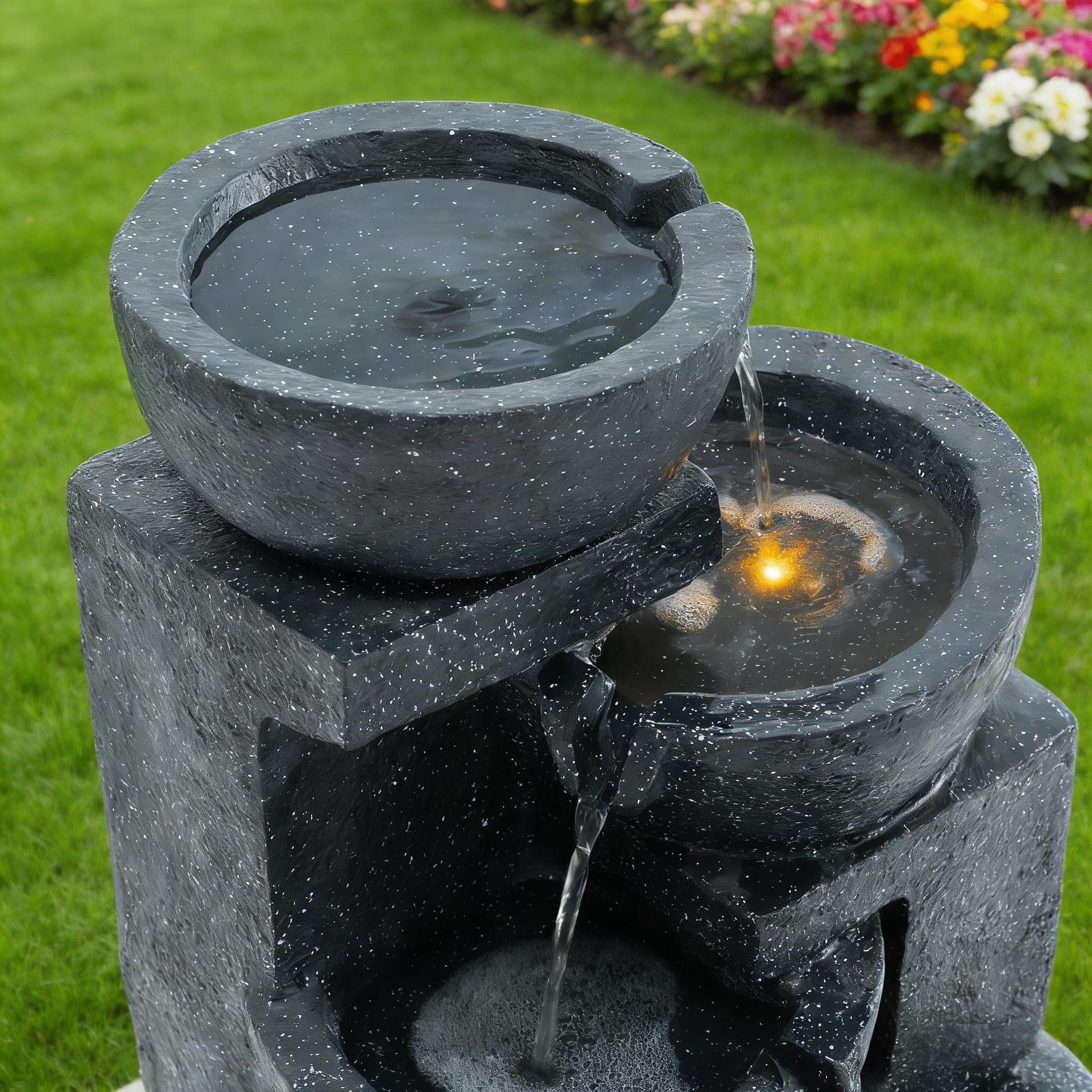 29-Inch Terrazzo Style LED Outdoor Indoor Water Fountain with Cascading Bowls & Stacked Stones – 4-Tier Ideal Waterfalls for Gardens, Patios to Create a Serene Retreat in Outdoor Living Areas