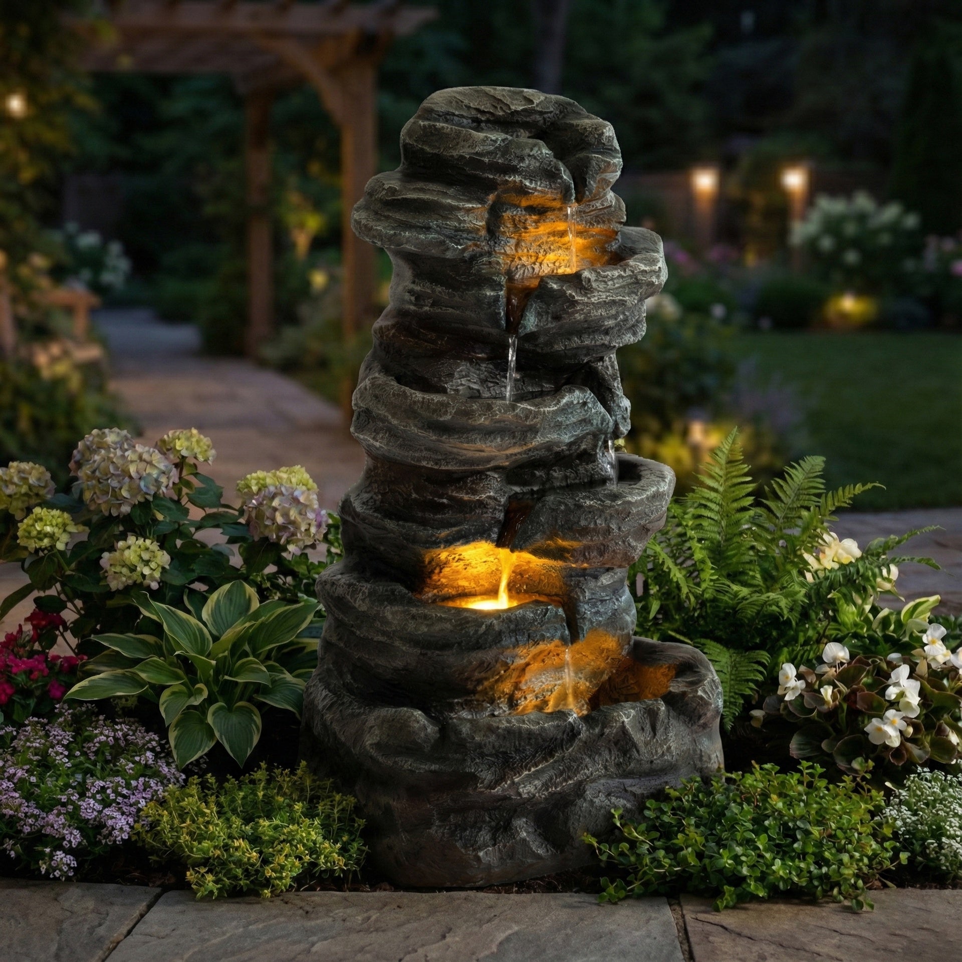 6-Tier Outdoor Cascading Stone Water Fountain with 3 LED Lights, Freestanding Led Fountain Decor for Garden, Patio, Yard & Deck, Natural Rock Appearance