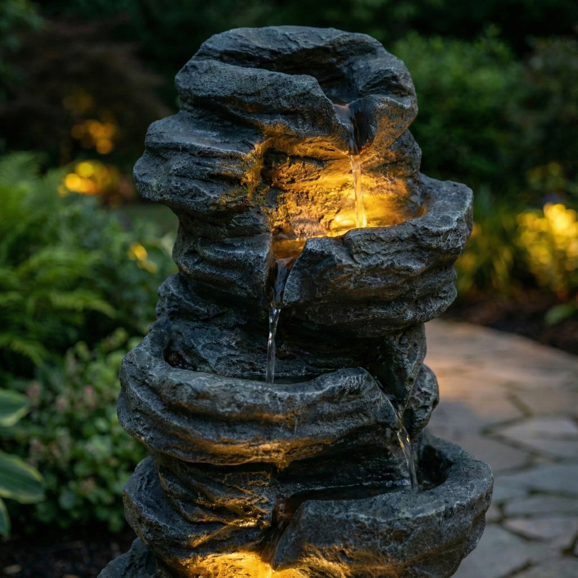6-Tier Outdoor Cascading Stone Water Fountain with 3 LED Lights, Freestanding Led Fountain Decor for Garden, Patio, Yard & Deck, Natural Rock Appearance