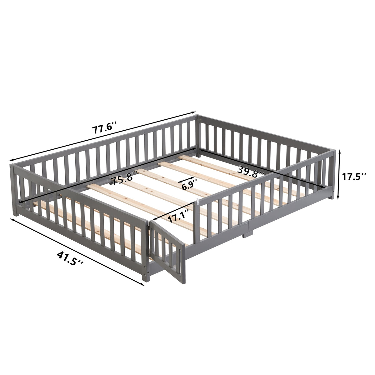 Twin Size Floor Bed with Door,Solid Wood Platform Bed Frame with Fence,Suitable for children,Pine Wood,Gray