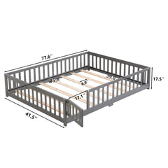 Twin Size Floor Bed with Door,Solid Wood Platform Bed Frame with Fence,Suitable for children,Pine Wood,Gray