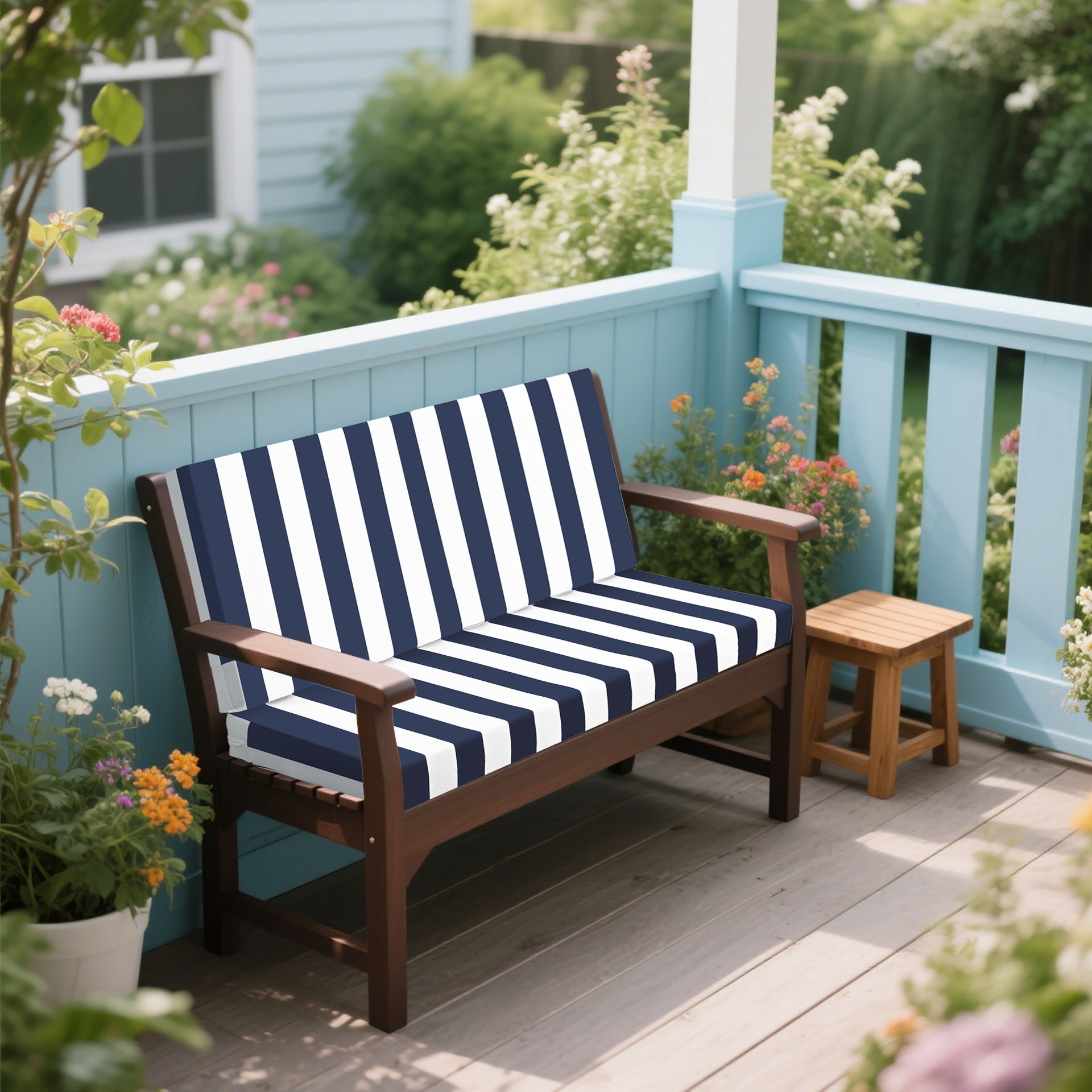 Outdoor Deep Seat Cushions for Patio Furniture, Waterproof Replacement Patio Chair Cushions, Double seat-blue/white stripe(1xseat+2Xback cushion)