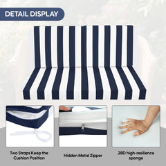Outdoor Deep Seat Cushions for Patio Furniture, Waterproof Replacement Patio Chair Cushions, Double seat-blue/white stripe(1xseat+2Xback cushion)
