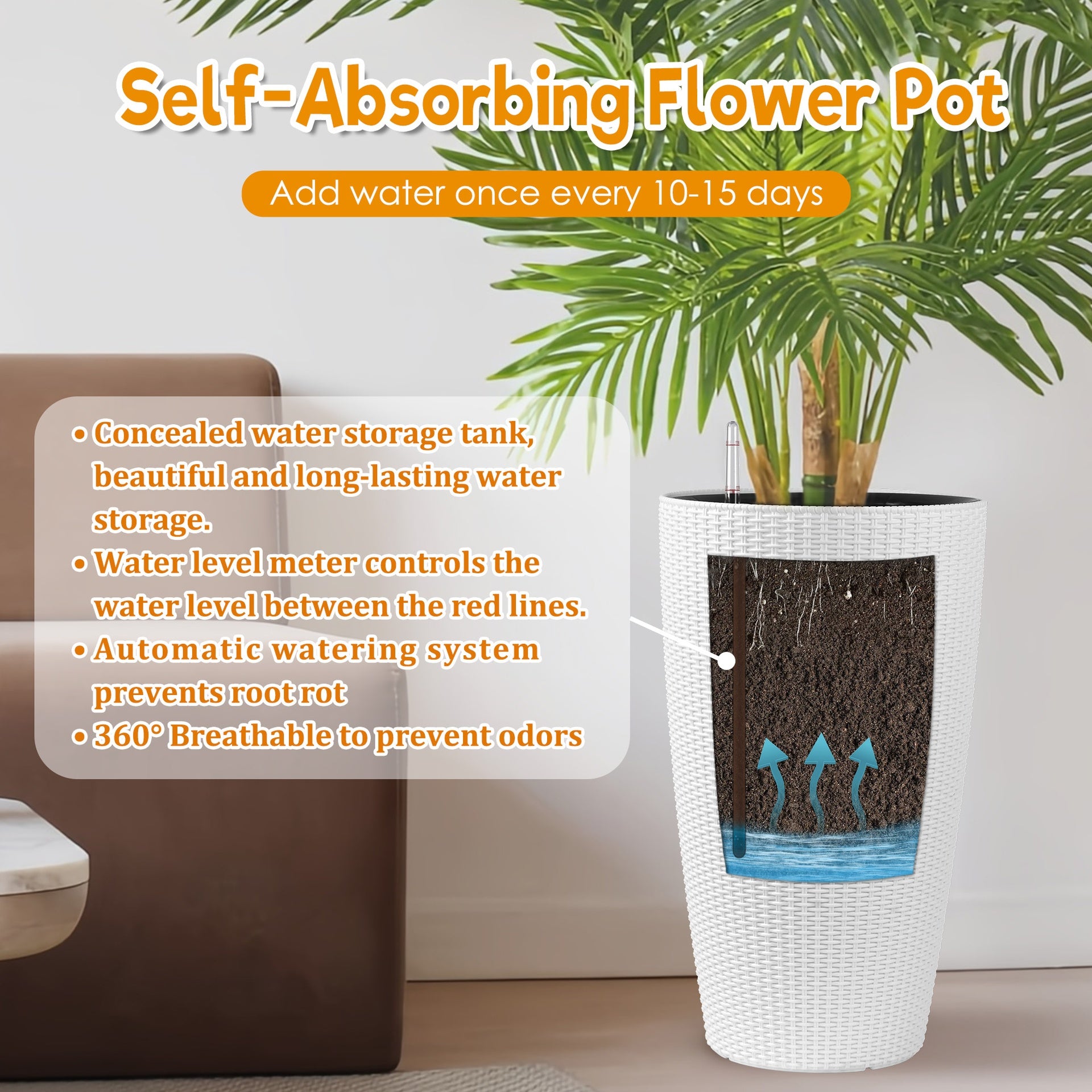 Set of 2 Faux Rattan Tall Planters Outdoor Indoor Large Planters with Water Level Monitor Inner Bucket, Automatic Watering, Flower Plant Pots for Garden, Patio, Porch, Backyard (White, 22 inch )