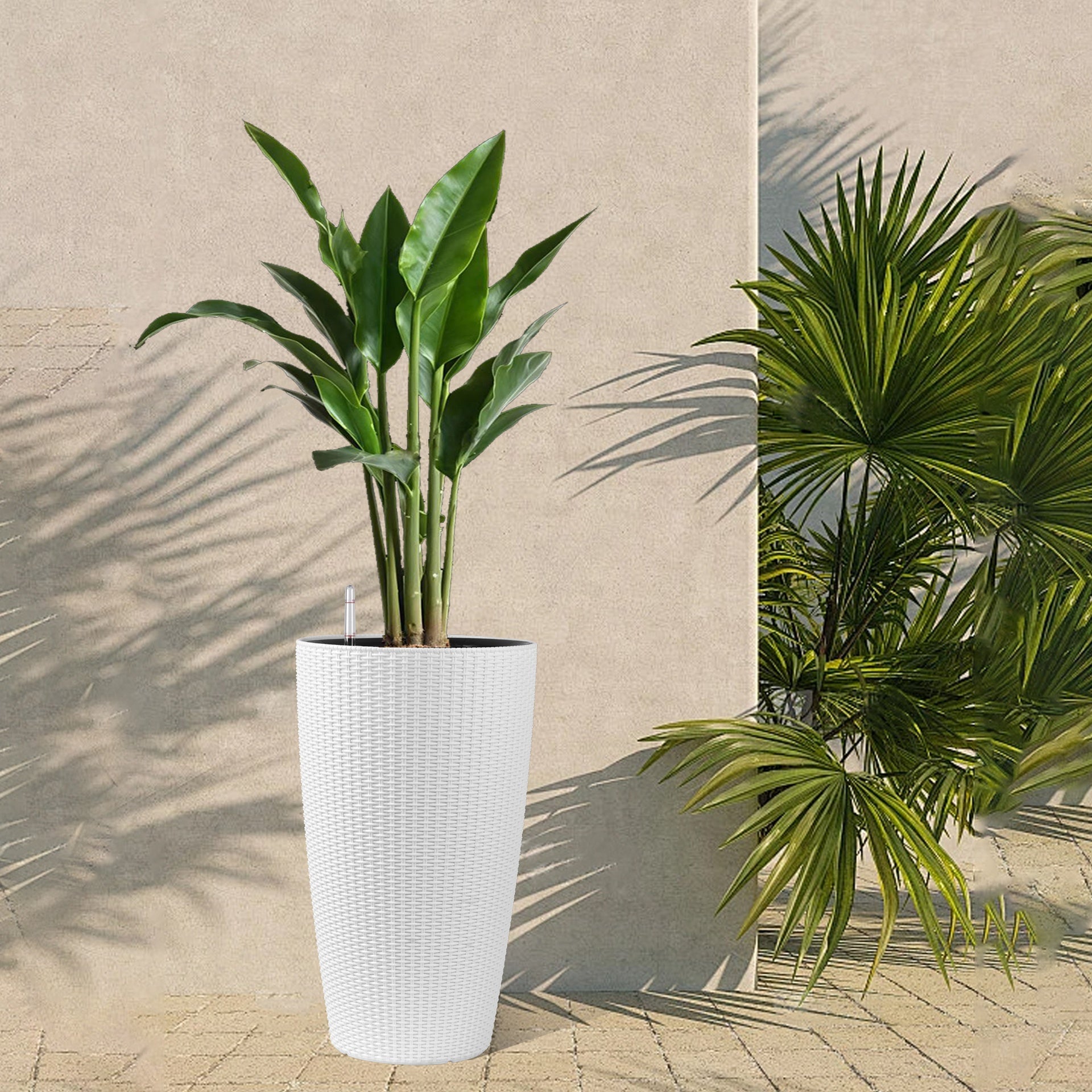 Set of 2 Faux Rattan Tall Planters Outdoor Indoor Large Planters with Water Level Monitor Inner Bucket, Automatic Watering, Flower Plant Pots for Garden, Patio, Porch, Backyard (White, 22 inch )