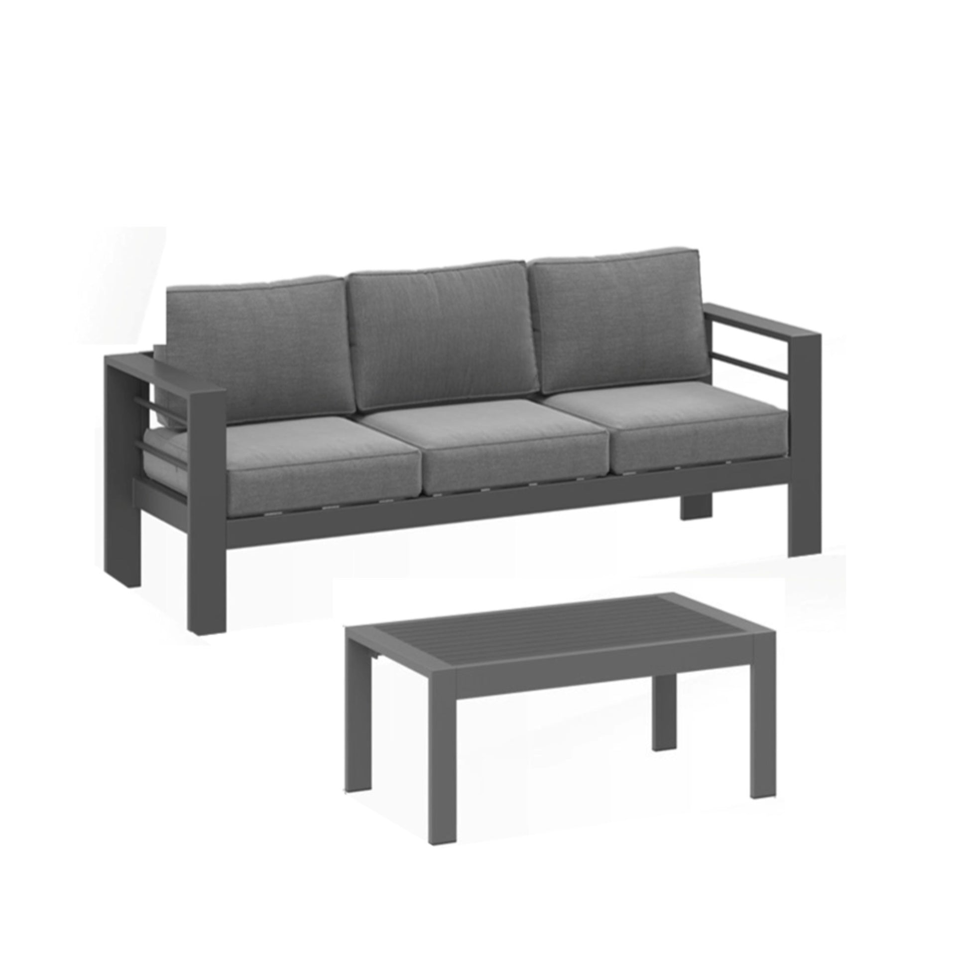 2 Pieces Outdoor Patio Set, All-Weather 75” 3-Seat Metal Patio Sofa Couch with Thick Gray Cushions, Gray Frame and 43” Coffee Table