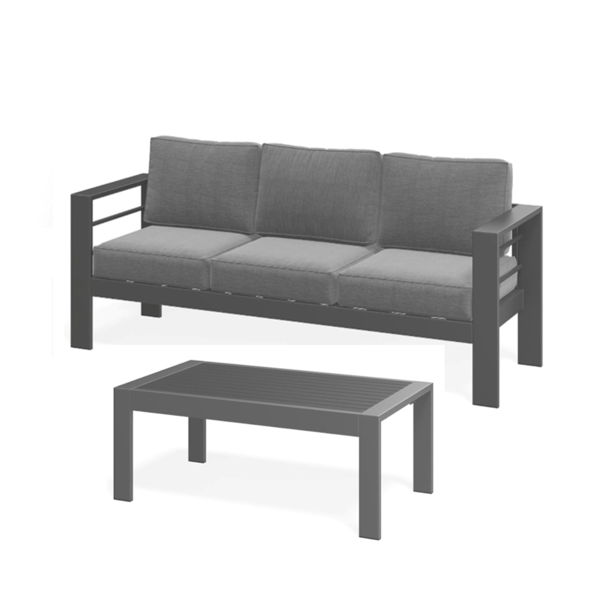 2 Pieces Outdoor Patio Set, All-Weather 75” 3-Seat Metal Patio Sofa Couch with Thick Gray Cushions, Gray Frame and 43” Coffee Table