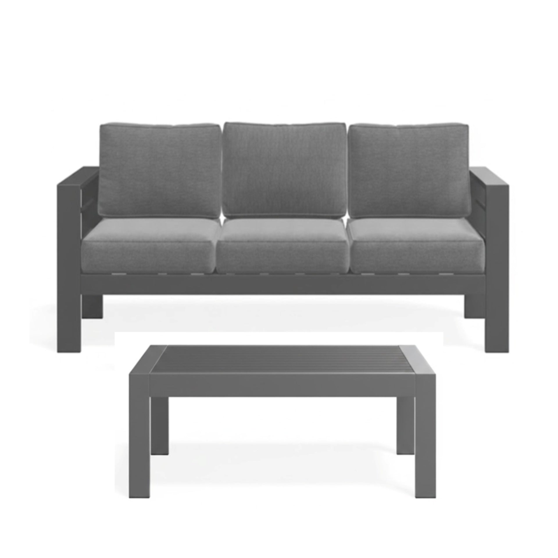 2 Pieces Outdoor Patio Set, All-Weather 75” 3-Seat Metal Patio Sofa Couch with Thick Gray Cushions, Gray Frame and 43” Coffee Table