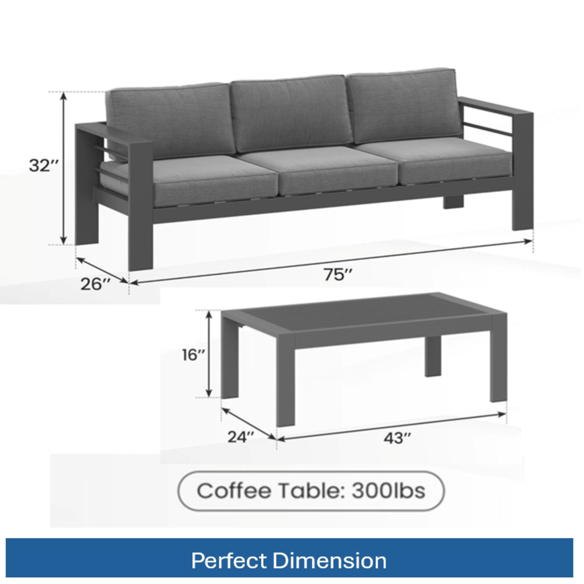 2 Pieces Outdoor Patio Set, All-Weather 75” 3-Seat Metal Patio Sofa Couch with Thick Gray Cushions, Gray Frame and 43” Coffee Table