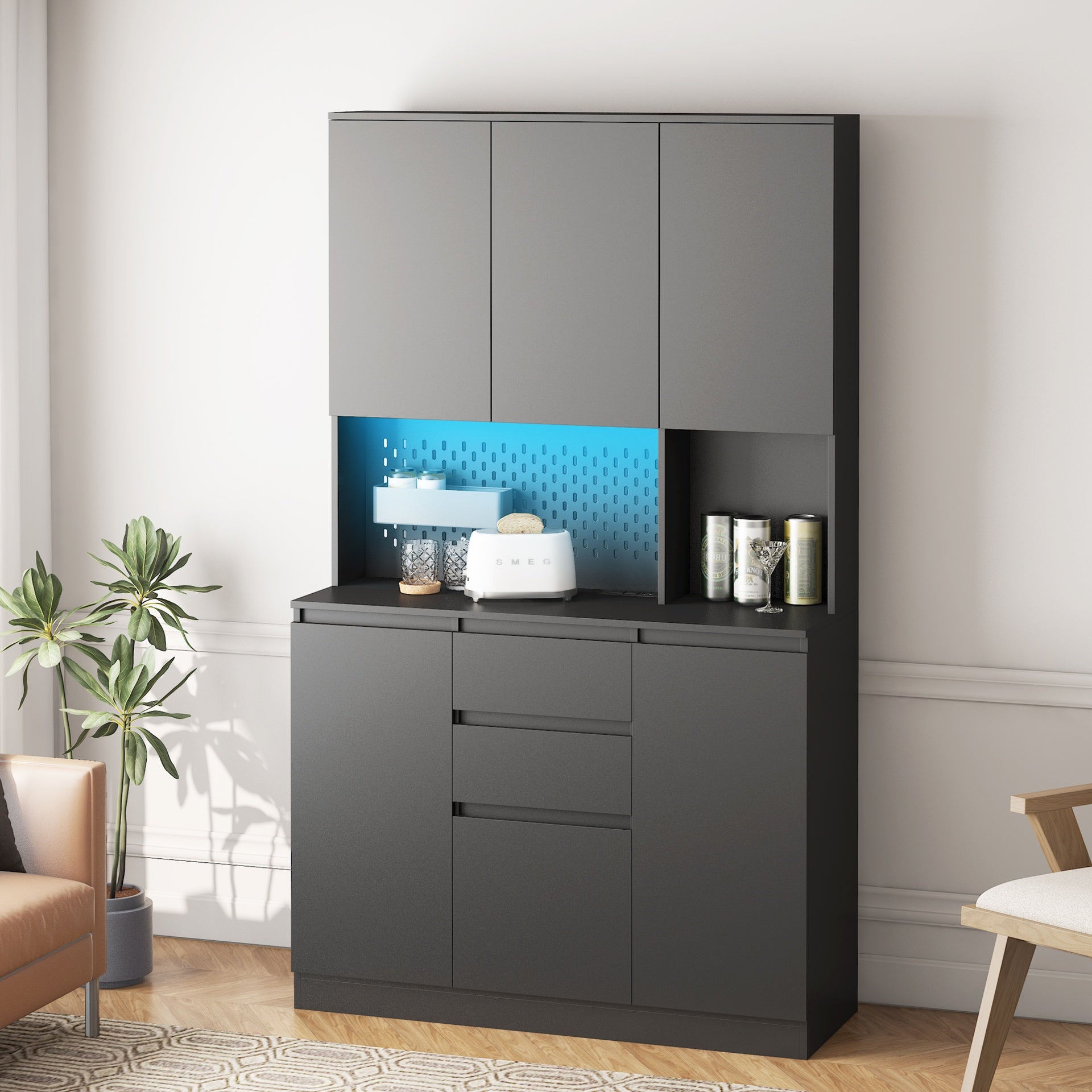 74" Freestanding Kitchen Pantry Cabinet Cupboard with 6 Doors,3 Shelves and 2 Drawer,Versatile Wardrobe & Kitchen Cabinet,Craft Storage Cabinet,Laundry Room Storage for  Kitchen (Black)