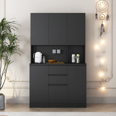 74" Freestanding Kitchen Pantry Cabinet Cupboard with 6 Doors,3 Shelves and 2 Drawer,Versatile Wardrobe & Kitchen Cabinet,Craft Storage Cabinet,Laundry Room Storage for  Kitchen (Black)