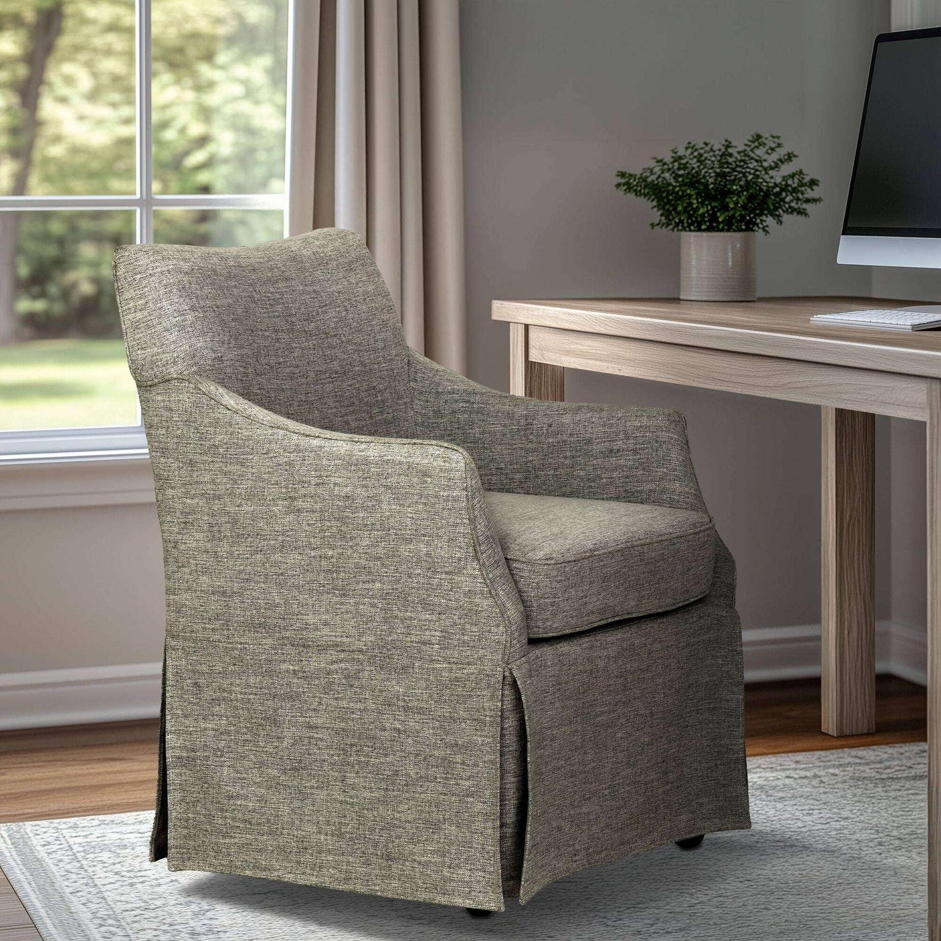 London Upholstered Skirted Dining Arm Chair with Hidden Casters Grey