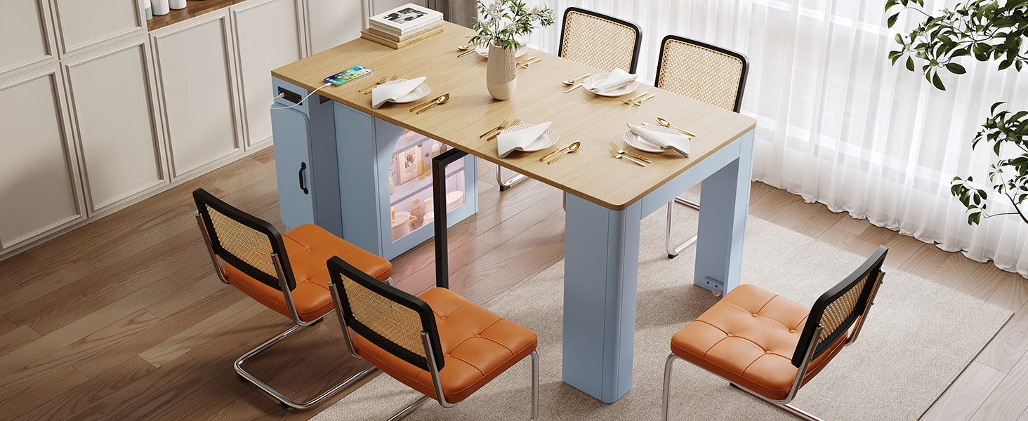 TREXM Extendable Dining Table with 3 Removable Middle Leaves, Mobile Rolling Island Table with Power Outlet, Saving-space Cabinet with Storage for Dining Room and Living Room (GREY BLUE AND NATURAL)