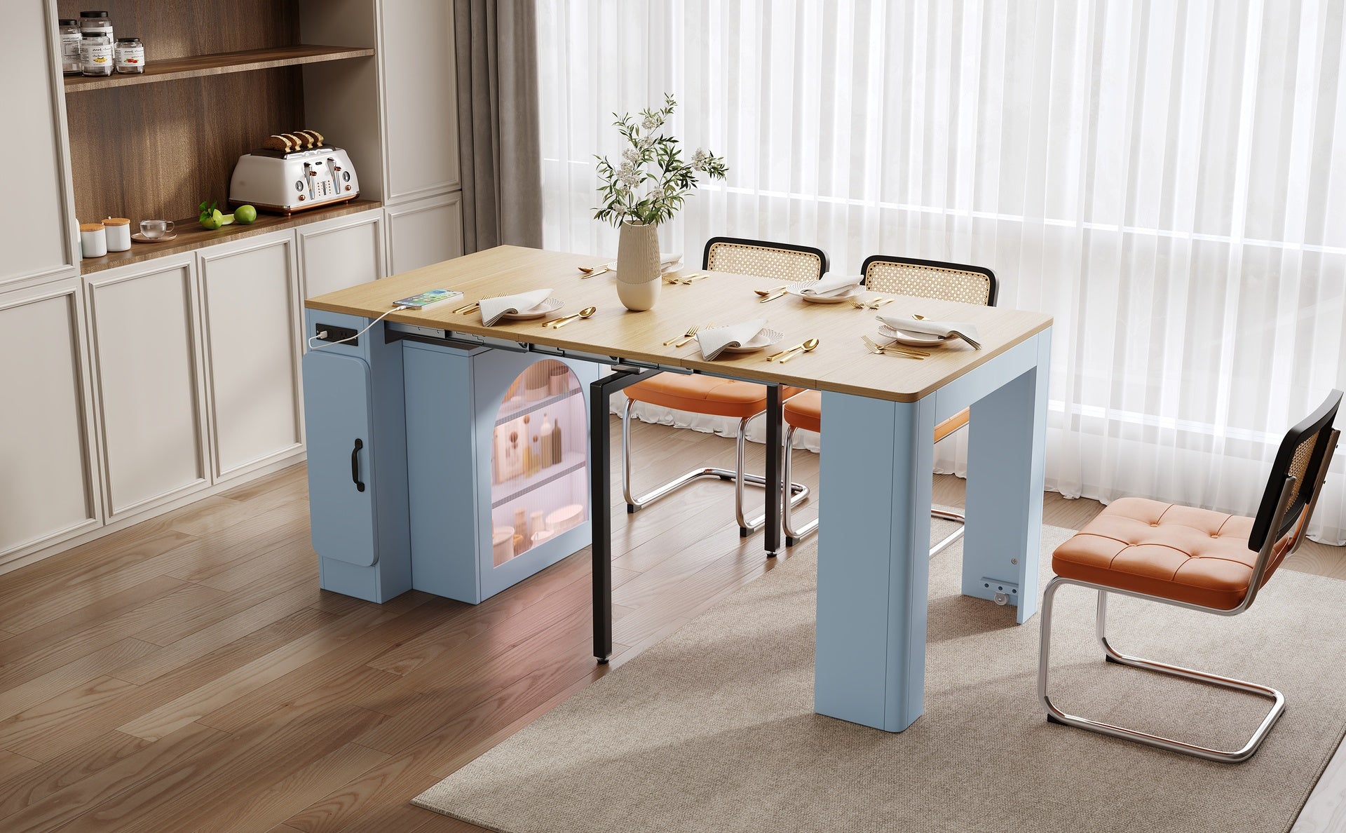 TREXM Extendable Dining Table with 3 Removable Middle Leaves, Mobile Rolling Island Table with Power Outlet, Saving-space Cabinet with Storage for Dining Room and Living Room (GREY BLUE AND NATURAL)