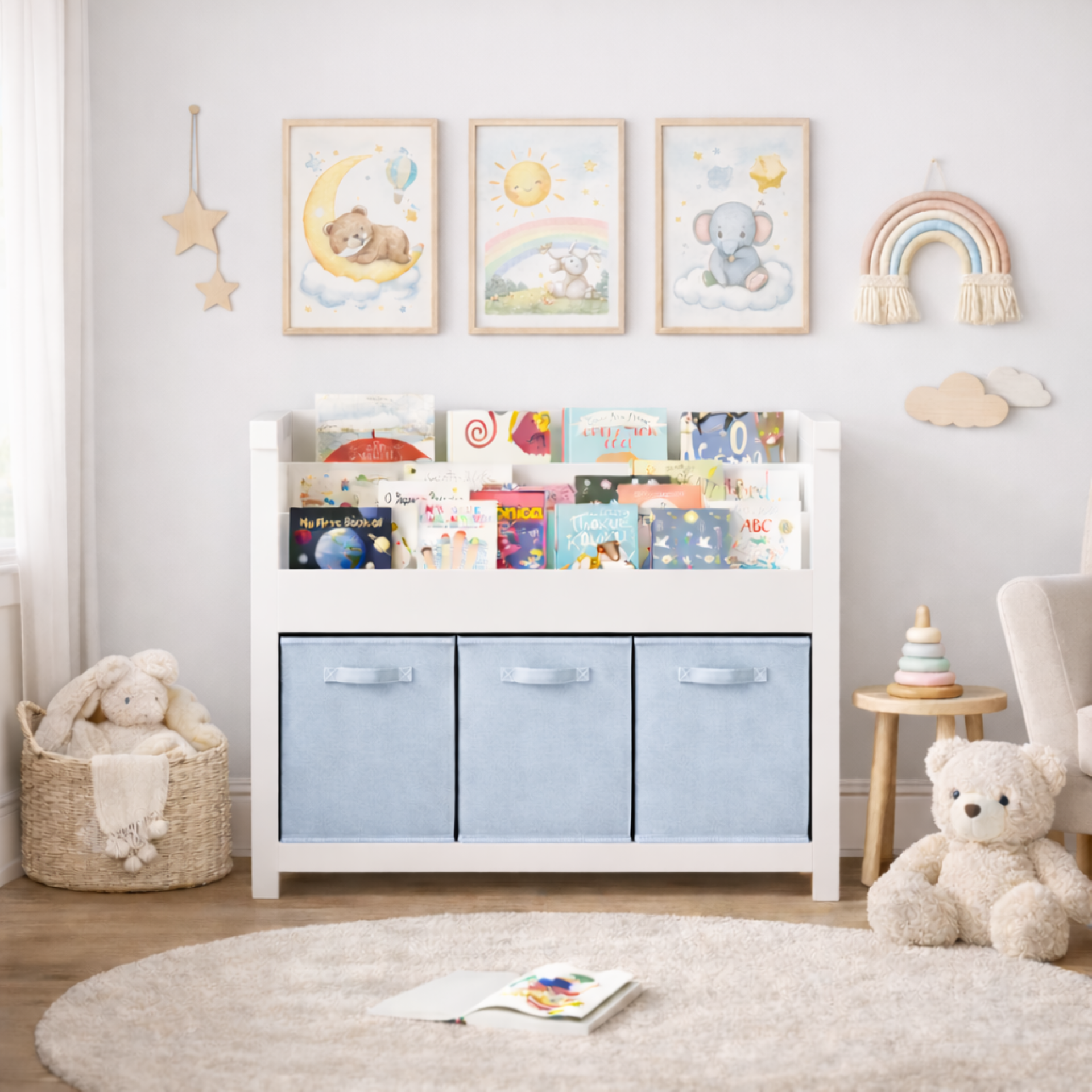 Kids Bookshelf with 3 Tier Front-Facing Storage and 3 Fabric Bins, Wooden Toddler Bookcase for Playroom, Nursery, Bedroom – Kids Book Organizer Shelf for Toys and Books