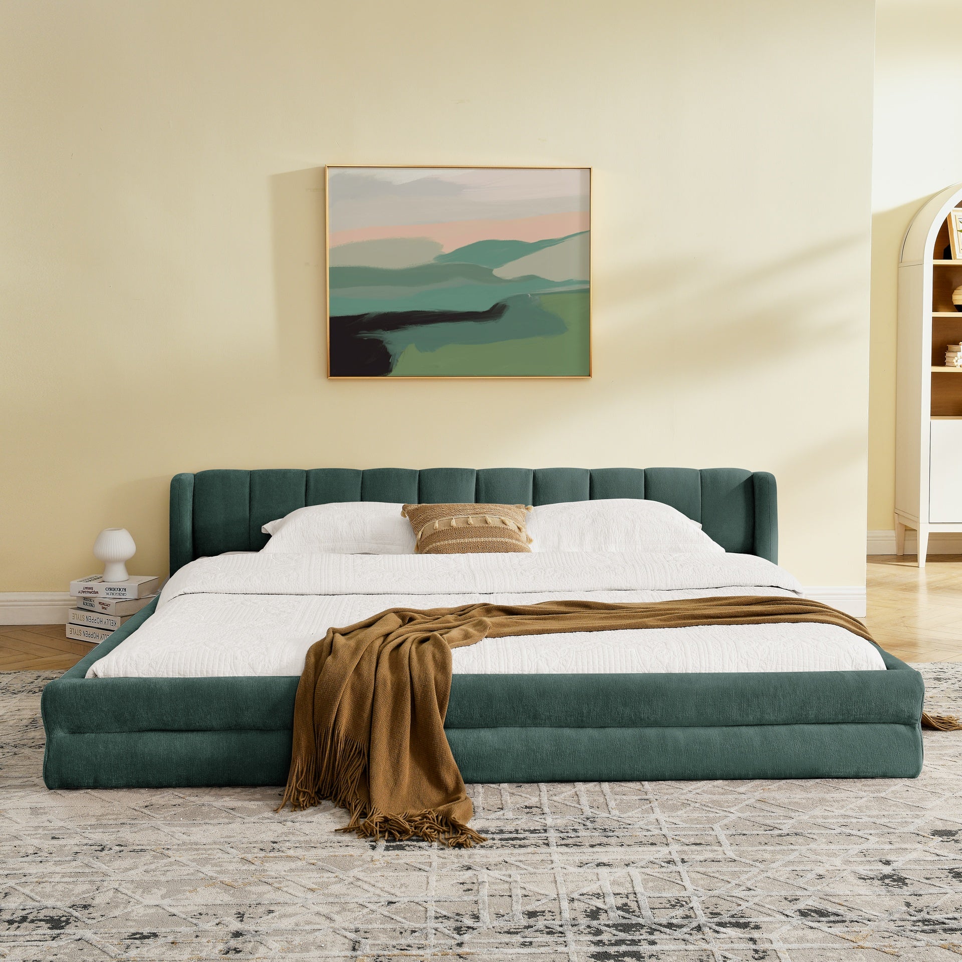 King Size Upholstered Bed Frame with Thick Fabric, comfortable upholstered bed frame, Chenille fabric, with headboard and solid bed frame-Blue+Green(88''*87''*23'')