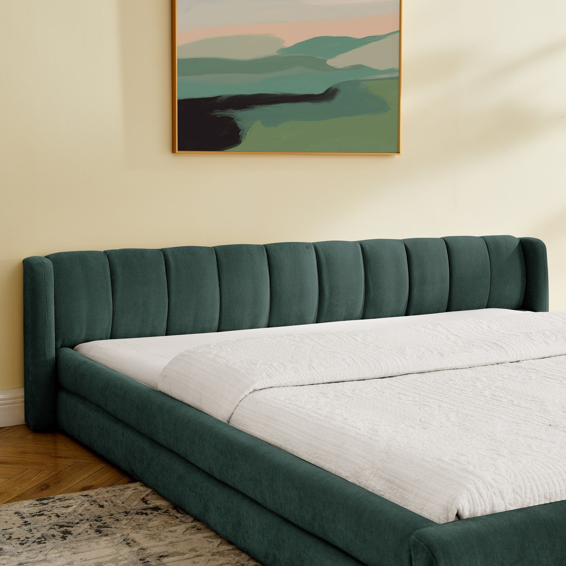 King Size Upholstered Bed Frame with Thick Fabric, comfortable upholstered bed frame, Chenille fabric, with headboard and solid bed frame-Blue+Green(88''*87''*23'')