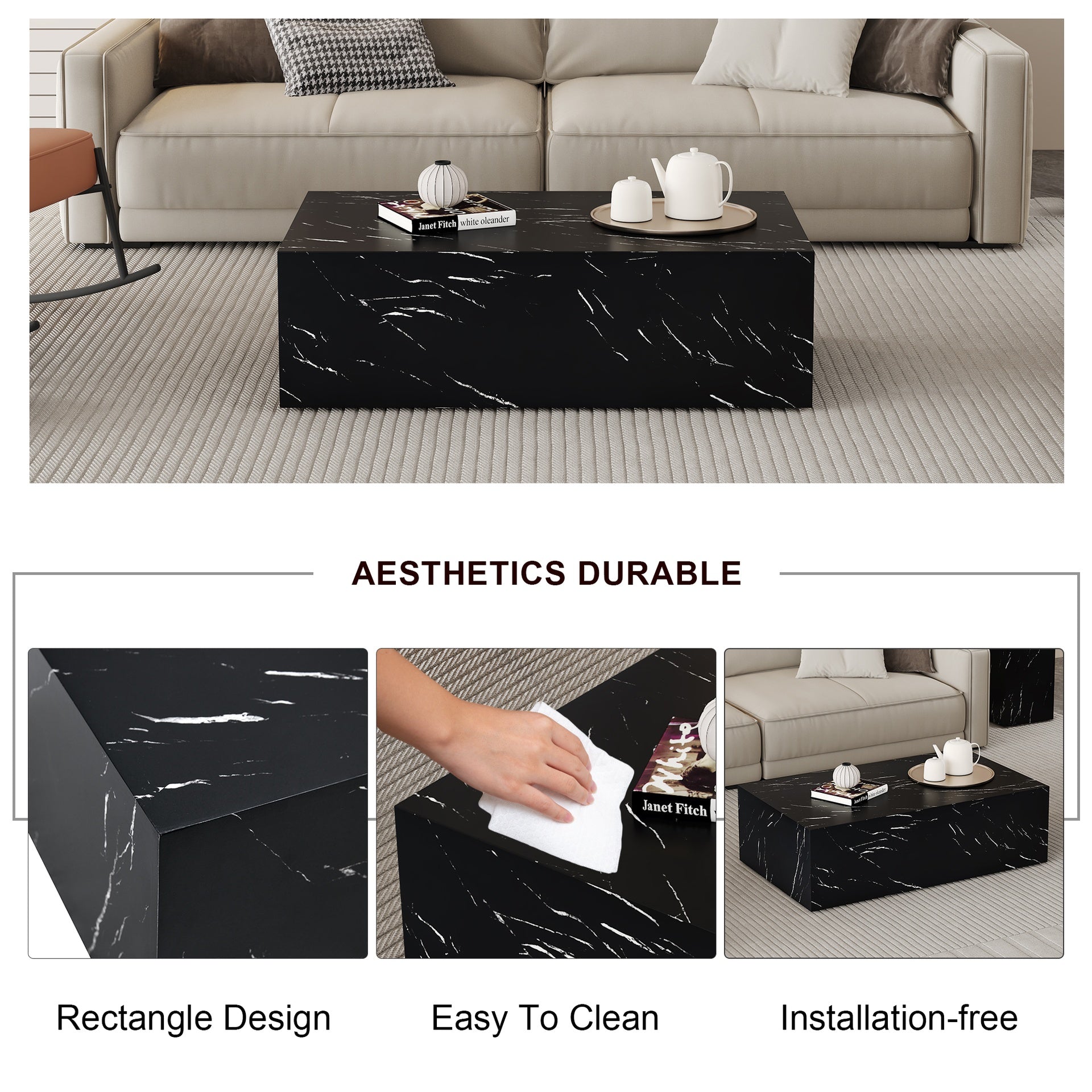 39.3*23.6*11.8 Inch Black Marble Texture MDF Coffee Table - Luxurious Design, Perfect Living Room Accent.Fashion texture design coffee table, suitable for various situations and scenes.W1151P234029