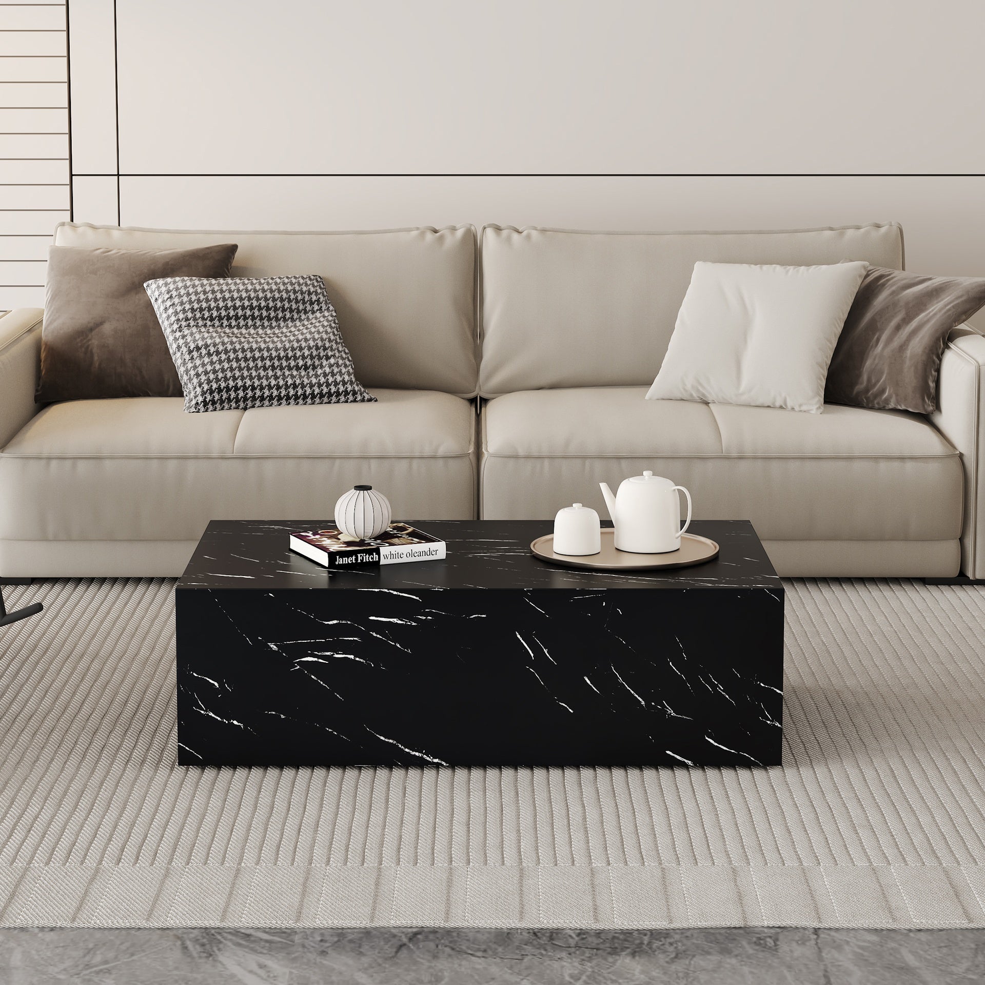 39.3*23.6*11.8 Inch Black Marble Texture MDF Coffee Table - Luxurious Design, Perfect Living Room Accent.Fashion texture design coffee table, suitable for various situations and scenes.W1151P234029