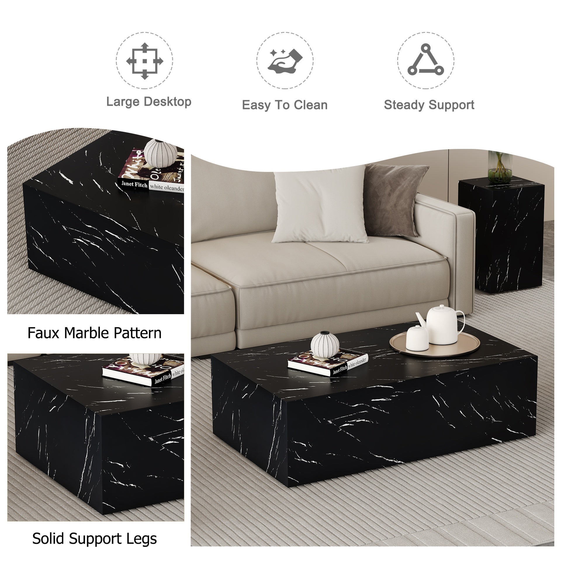 39.3*23.6*11.8 Inch Black Marble Texture MDF Coffee Table - Luxurious Design, Perfect Living Room Accent.Fashion texture design coffee table, suitable for various situations and scenes.W1151P234029