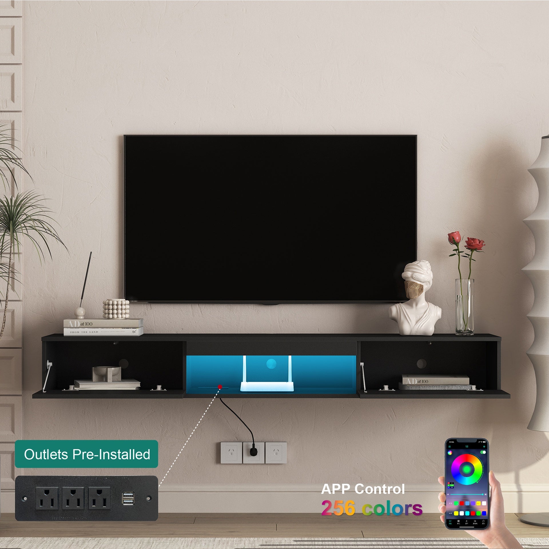 Floating TV Stand Wall Mounted with 16 Color LEDs,69" Modern TV Stand, Floating TV Cabinet Entertainment Center for 55 60 65 Inch TV,Black