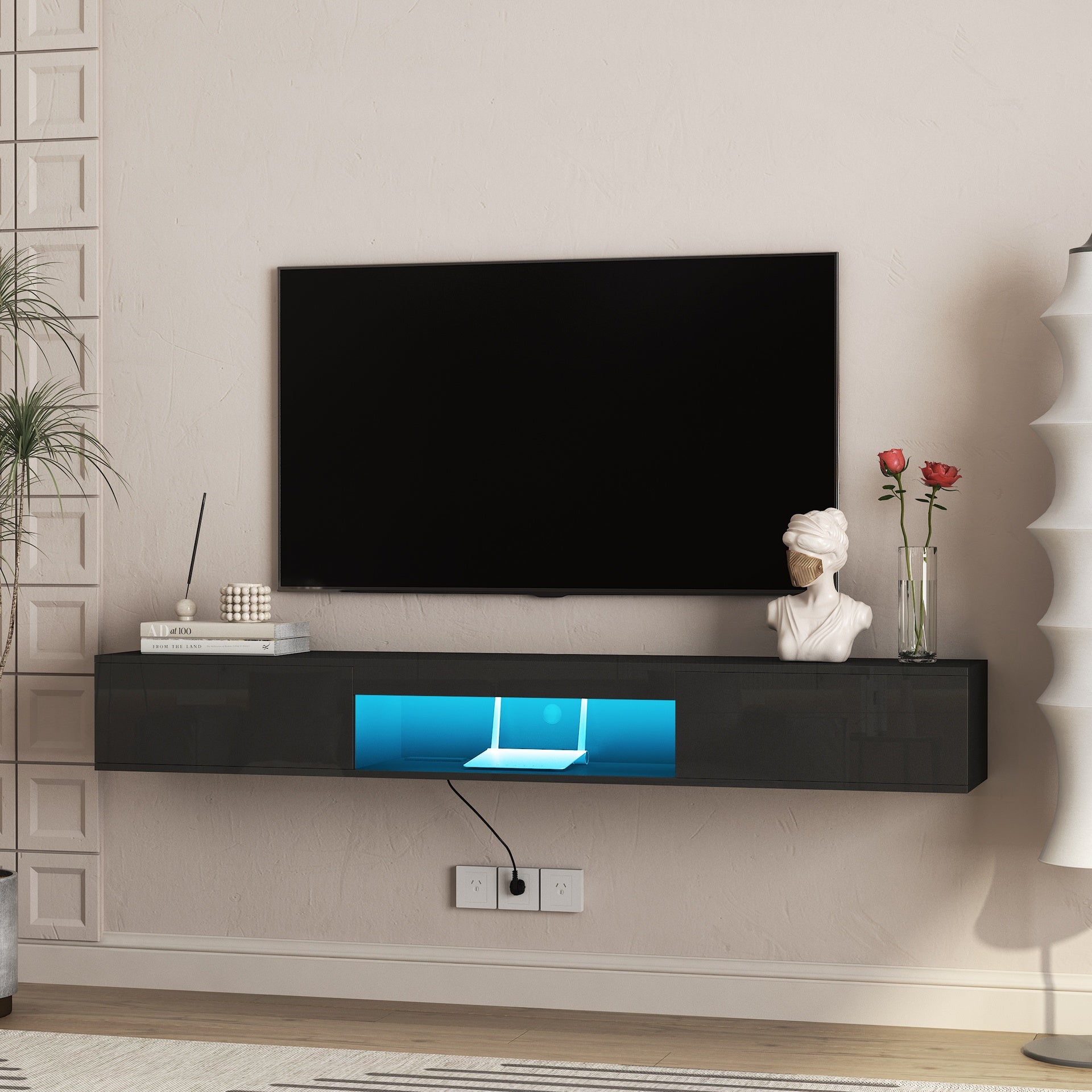 Floating TV Stand Wall Mounted with 16 Color LEDs,69" Modern TV Stand, Floating TV Cabinet Entertainment Center for 55 60 65 Inch TV,Black