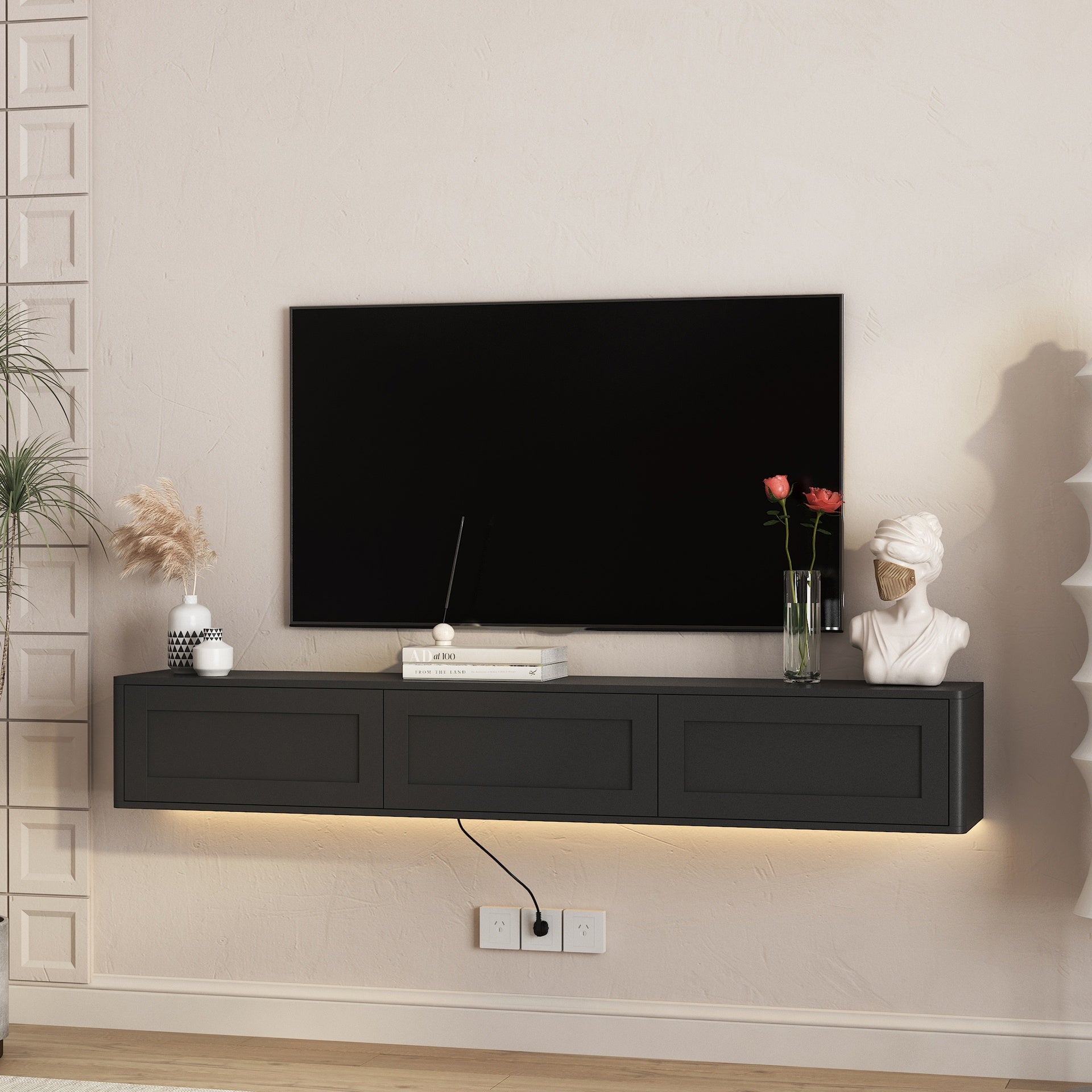 Floating TV Stand, Wall Mounted TV Shelf with Led Lights & Power Outlet,High Gloss TV Cabinet for Black tv Stands for Living Room