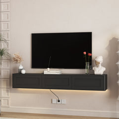 Floating TV Stand, Wall Mounted TV Shelf with Led Lights & Power Outlet,High Gloss TV Cabinet for Black tv Stands for Living Room