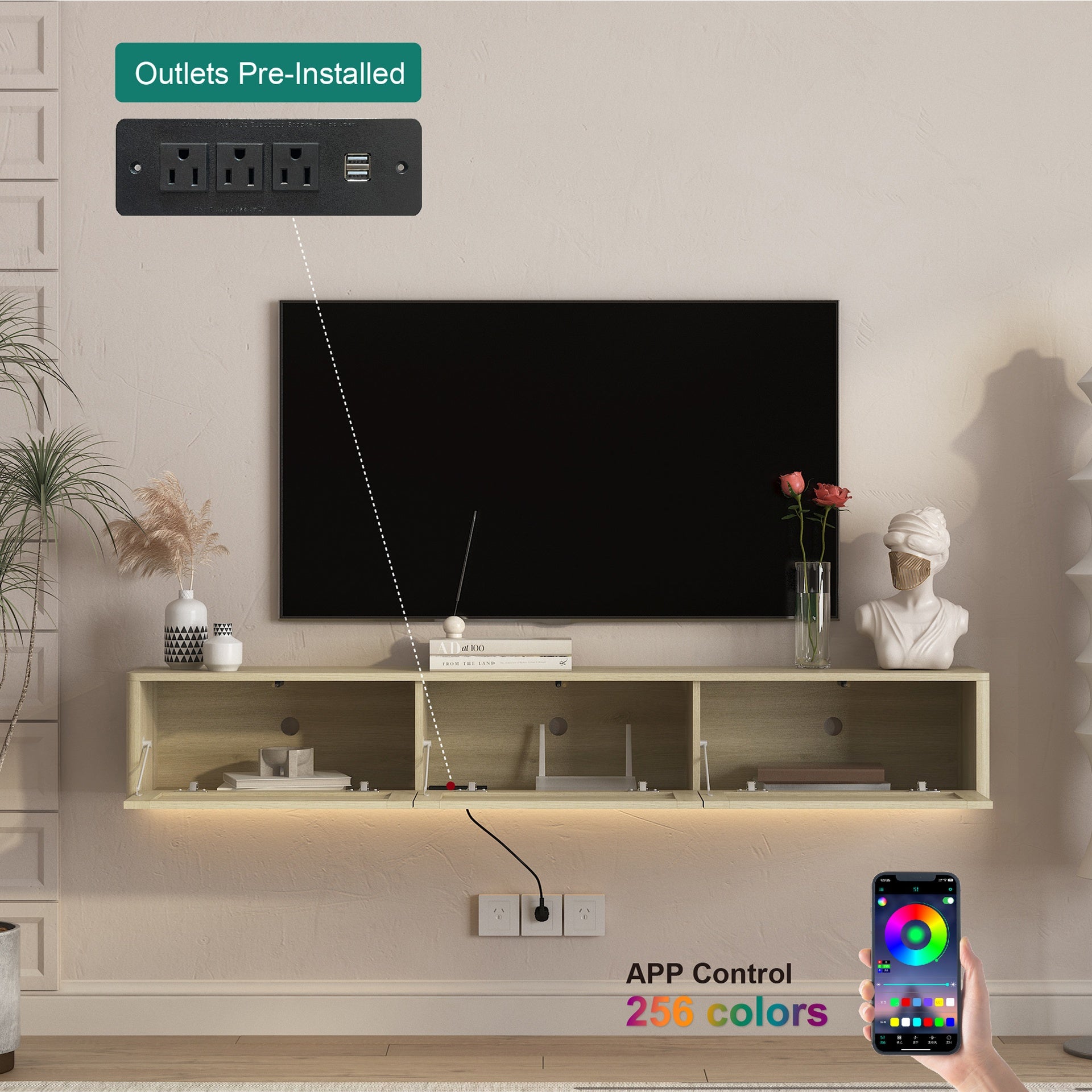 Floating TV Stand, Wall Mounted TV Shelf with Led Lights & Power Outlet,High Gloss TV Cabinet for Wood tv Stands for Living Room