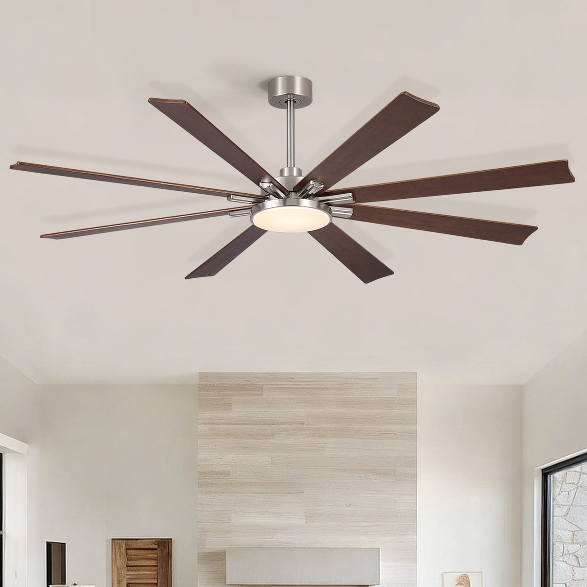 72 inch Retro Farmhouse Brushed Nickel Ceiling Fan with Light and Solid Wood Blades