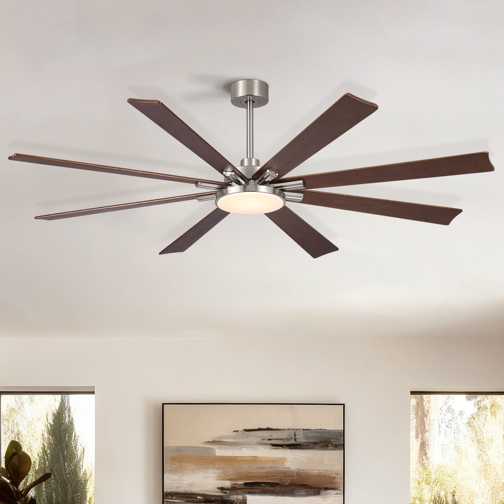 72 inch Retro Farmhouse Brushed Nickel Ceiling Fan with Light and Solid Wood Blades