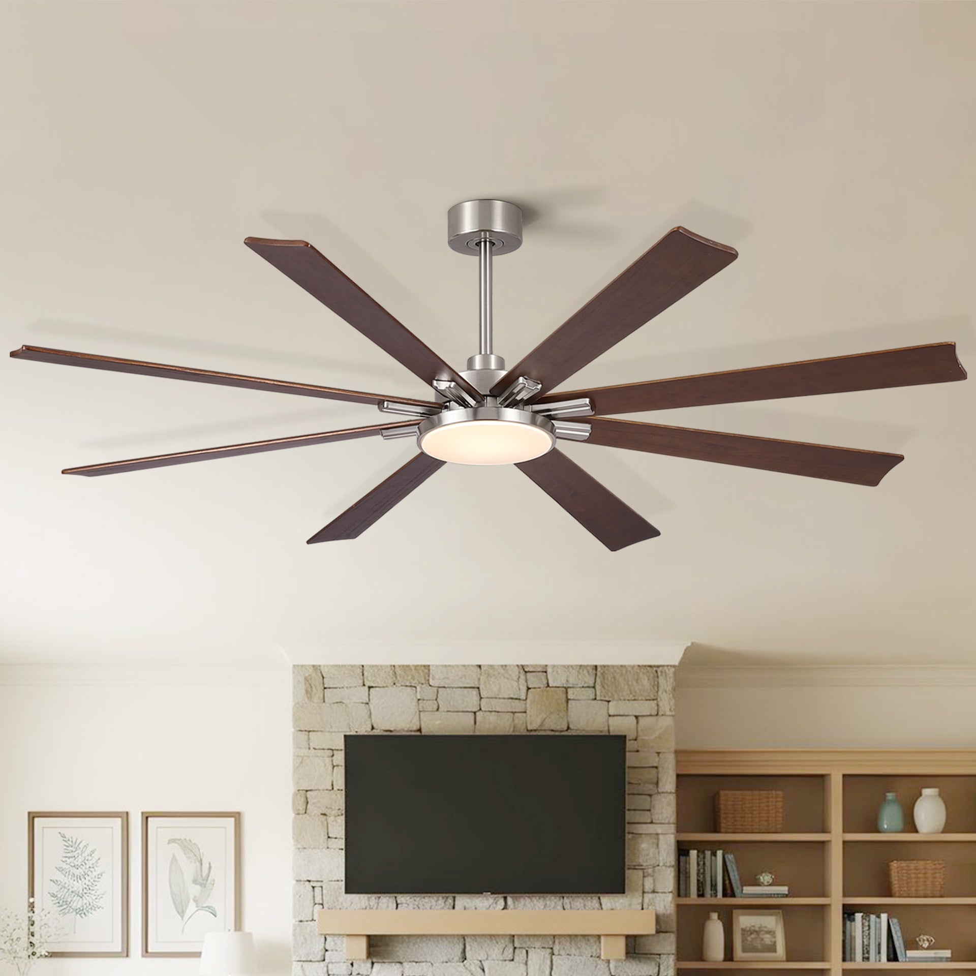 72 inch Retro Farmhouse Brushed Nickel Ceiling Fan with Light and Solid Wood Blades