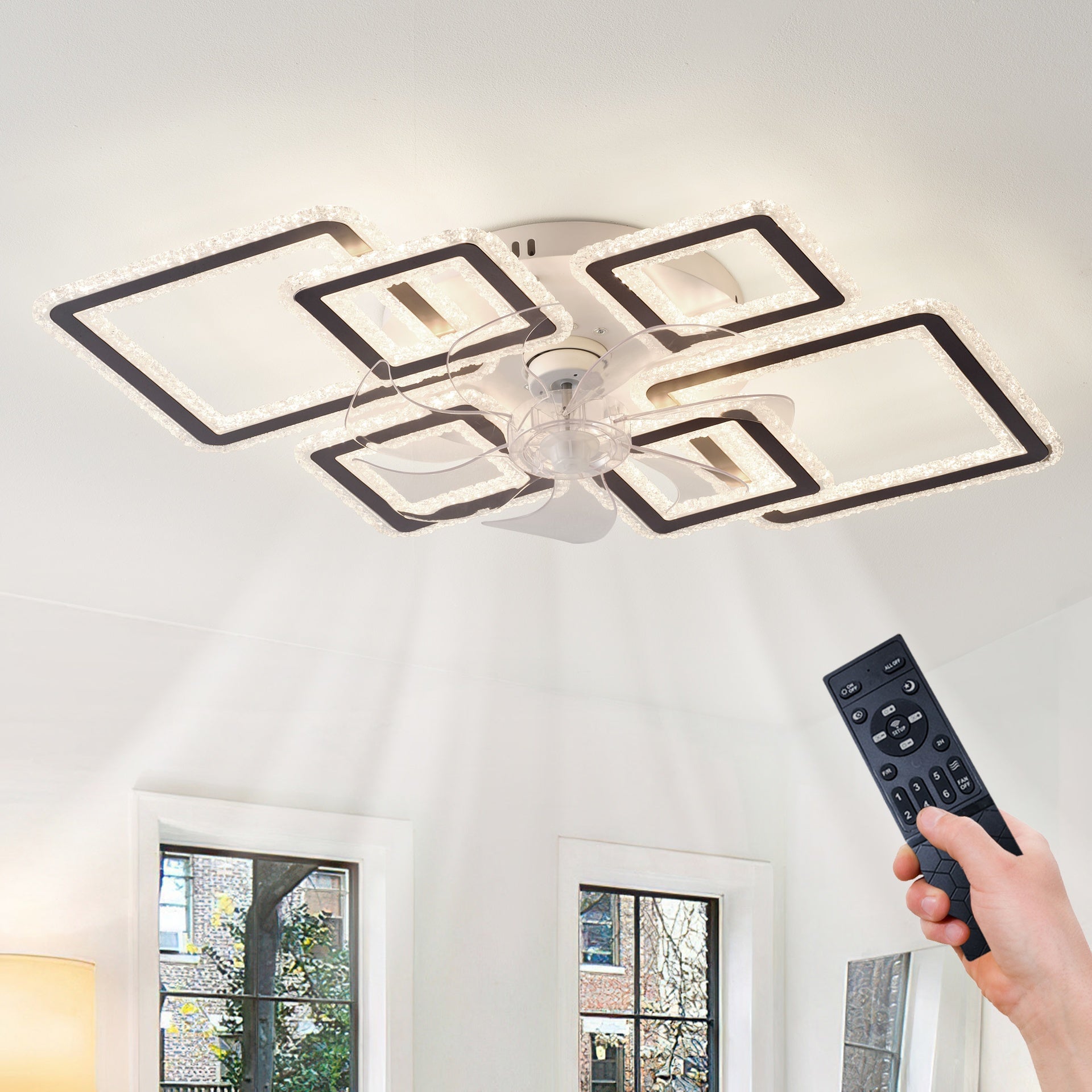 33-inchBlack Ceiling Fan with Lights Remote Control and APP Control, Dimmable with Remote 7 Blades 6 Speeds of Wind